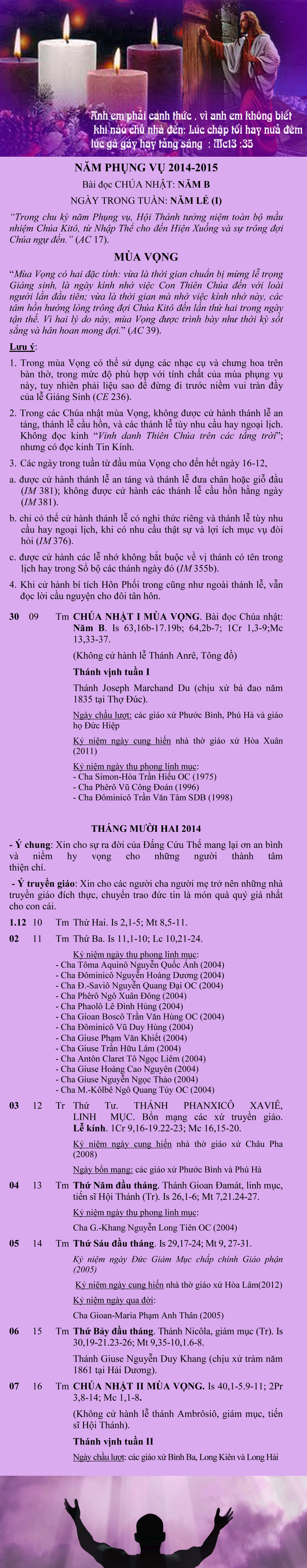 Lịch Phụng vụ từ ngày 30.11 đến 07.12.2014