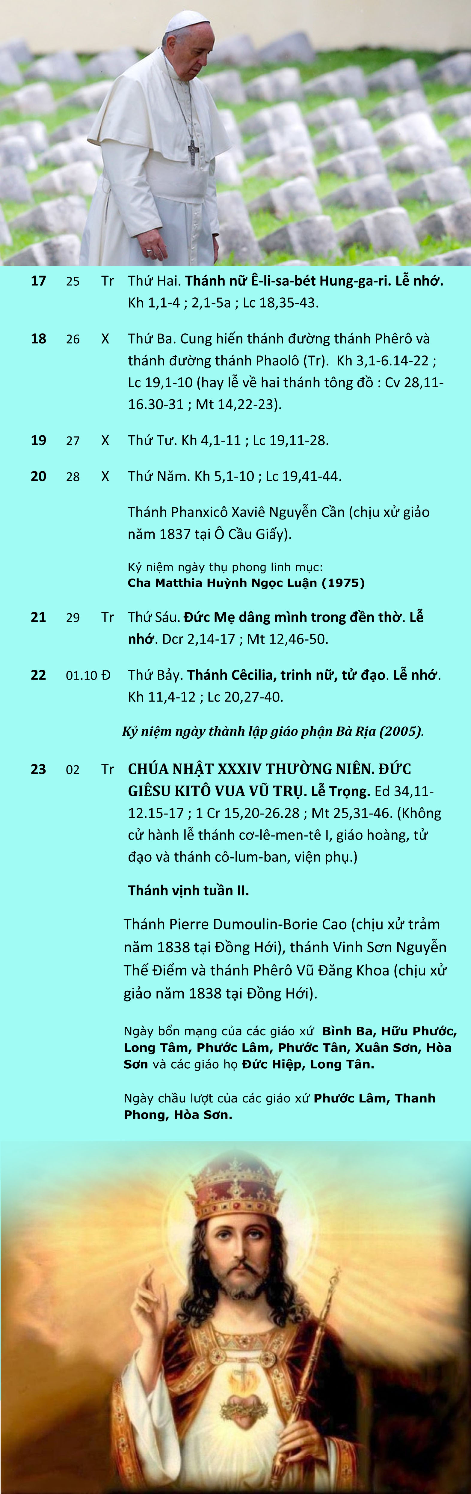 Lịch Phụng vụ từ ngày 17.11 đến 23.11.2014