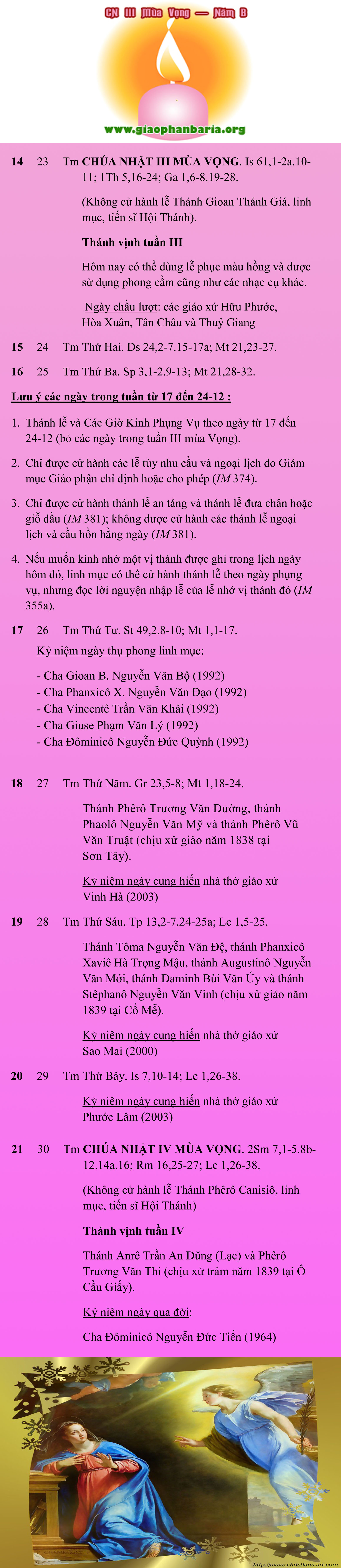 Lịch Phụng vụ từ ngày 14.12 đến 21.12.2014 