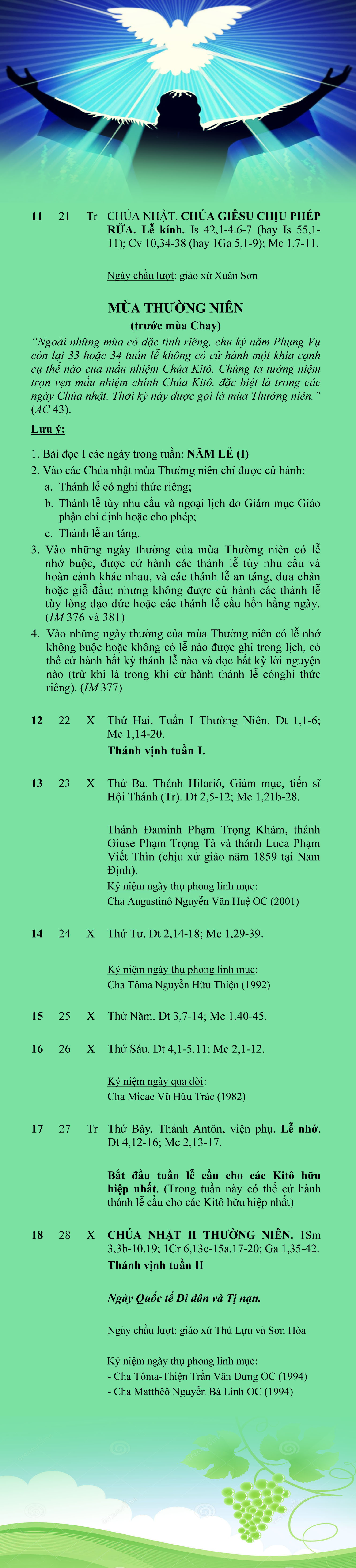 Lịch Phụng vụ từ ngày 11.01.2015 đến 18.01.2015