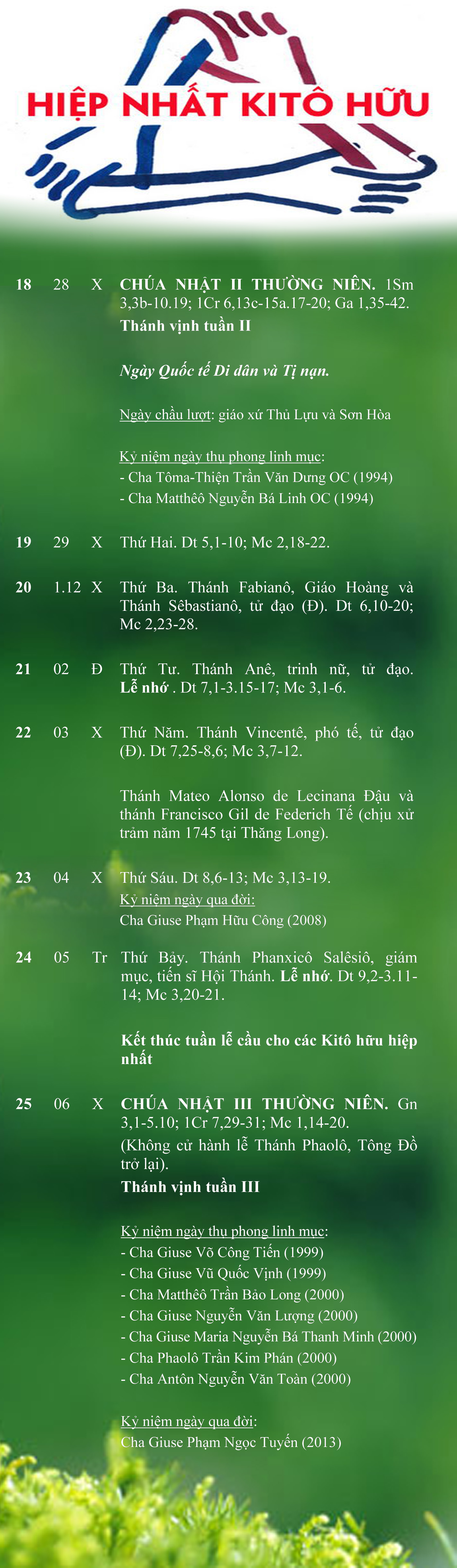 Lịch Phụng vụ từ ngày 18.01.2015 đến 25.01.2015