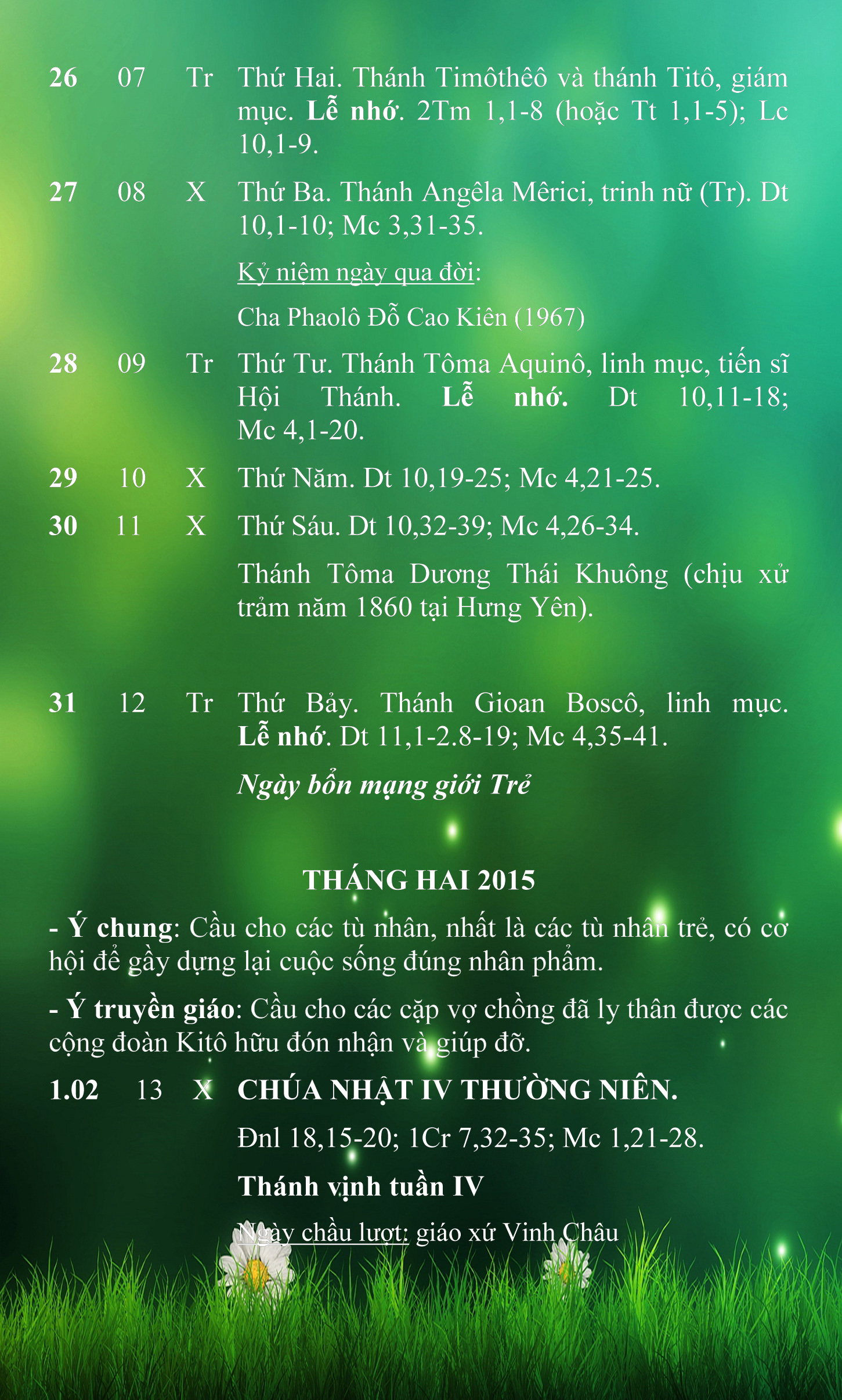 Lịch Phụng vụ từ ngày 26.01.2015 đến 01.02.2015