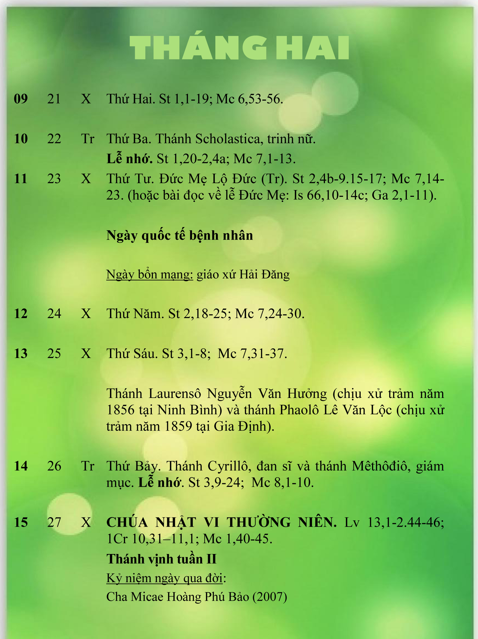 Lịch Phụng vụ từ ngày 09.02.2015 đến 16.02.2015