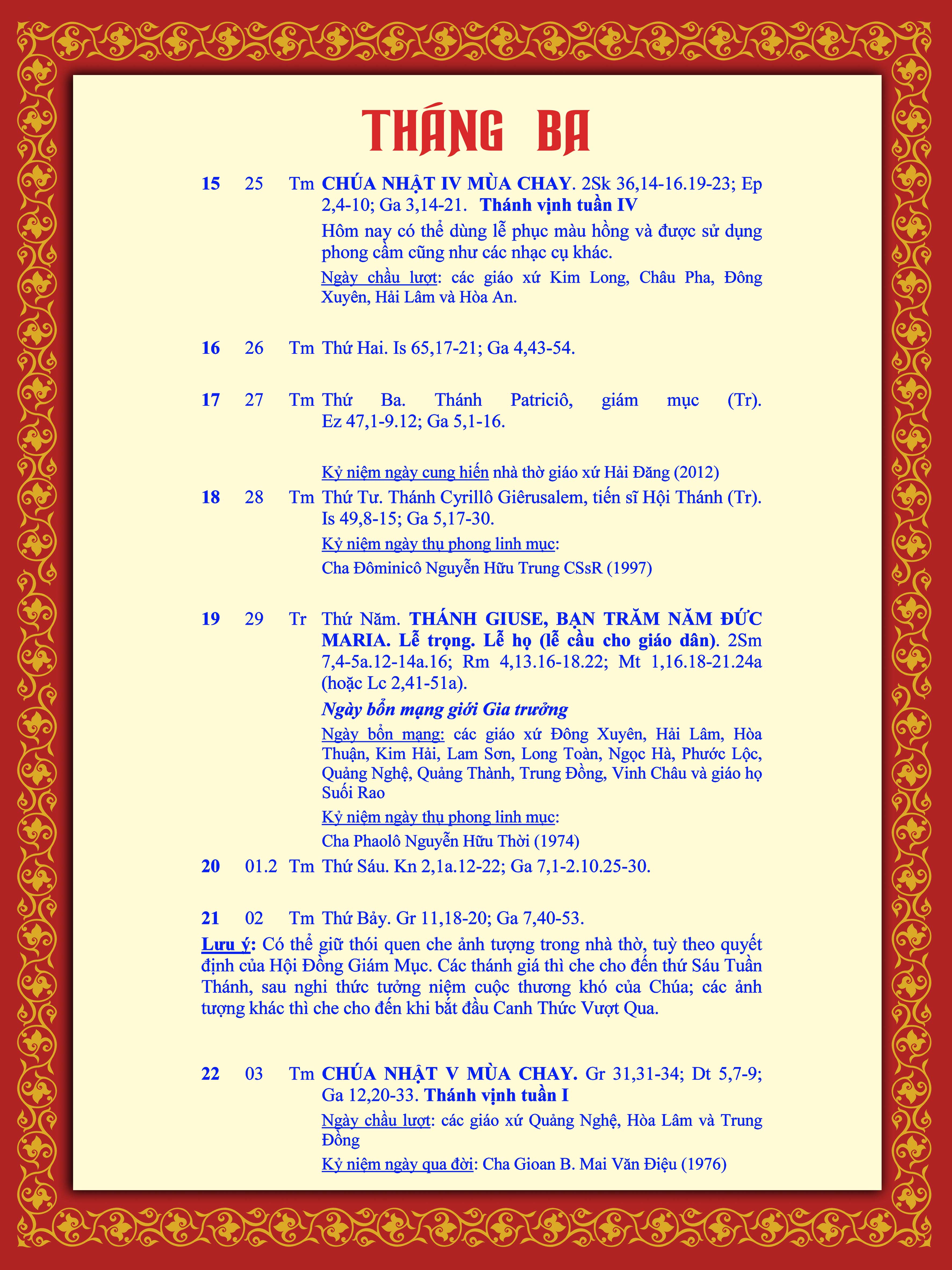 LỊCH PHỤNG VỤ TỪ NGÀY 15-22.3.2015