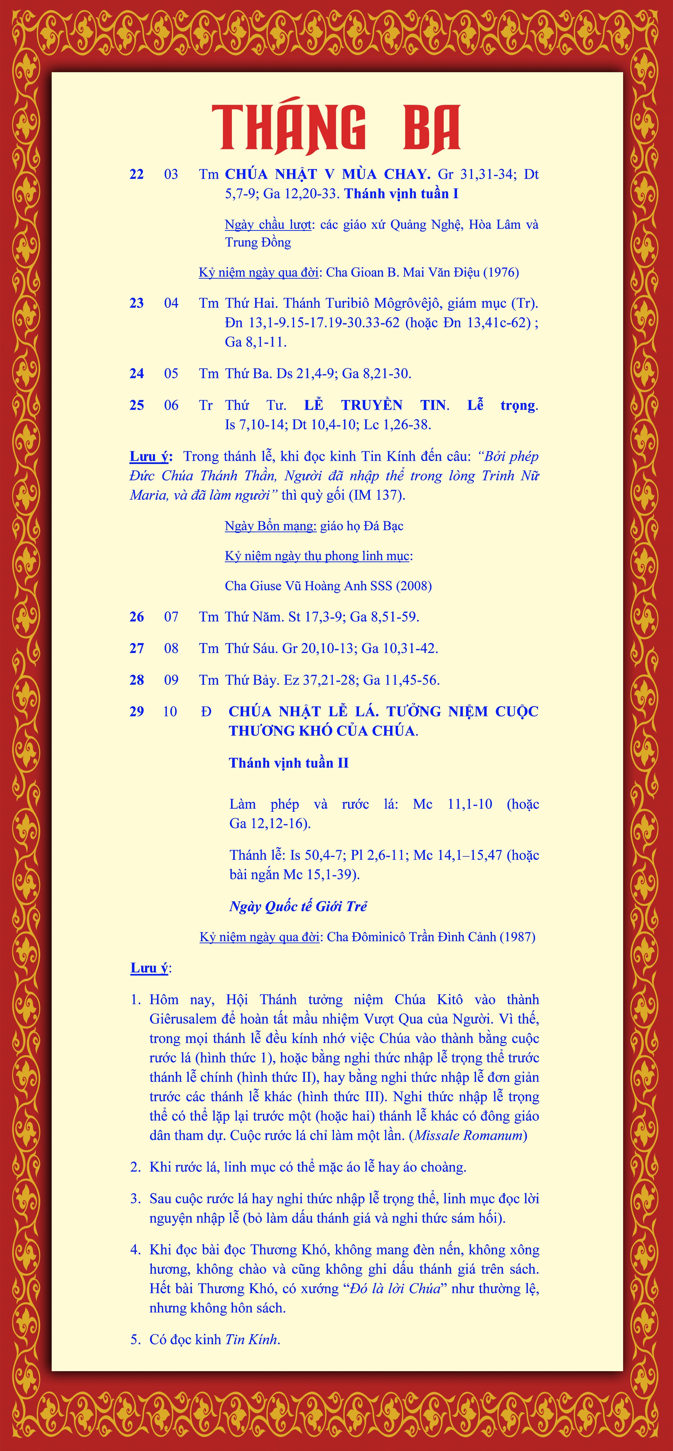 LỊCH PHỤNG VỤ 22-29.3.2015