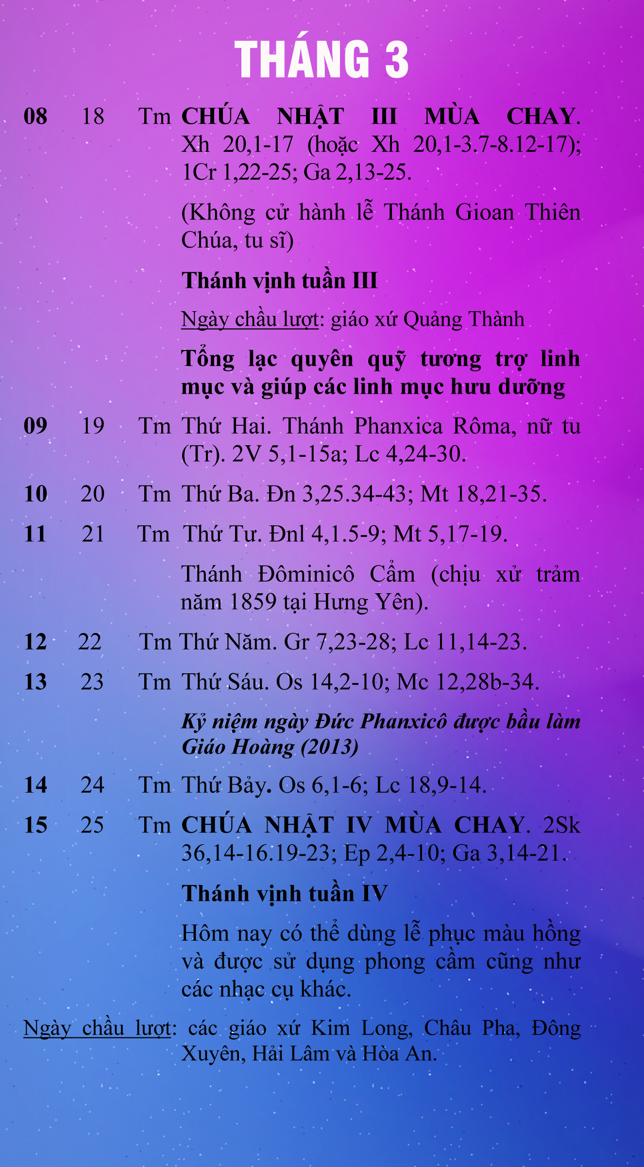 LỊCH PHỤNG VỤ TỪ 08.3-15.3.2015