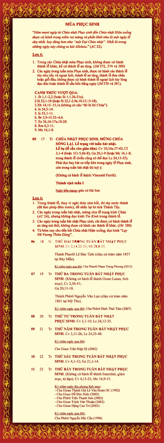 Lịch Phụng vụ 04.4 - 11.4.2015