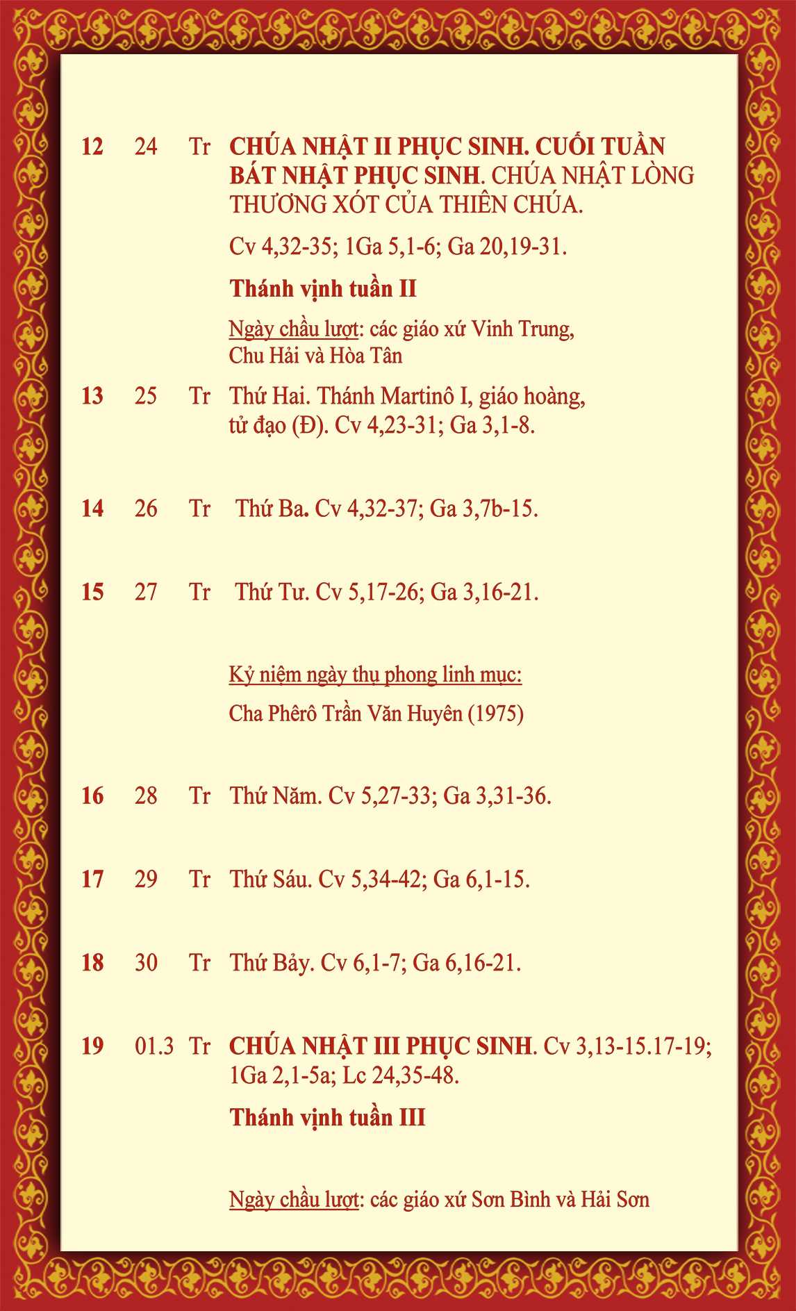 Lịch Phụng vụ 12.4 - 19.4.2015