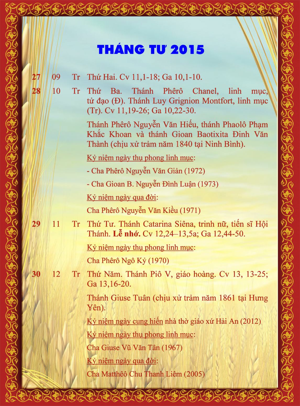 Lịch Phụng vụ từ 27.4.2015-30.4.2015