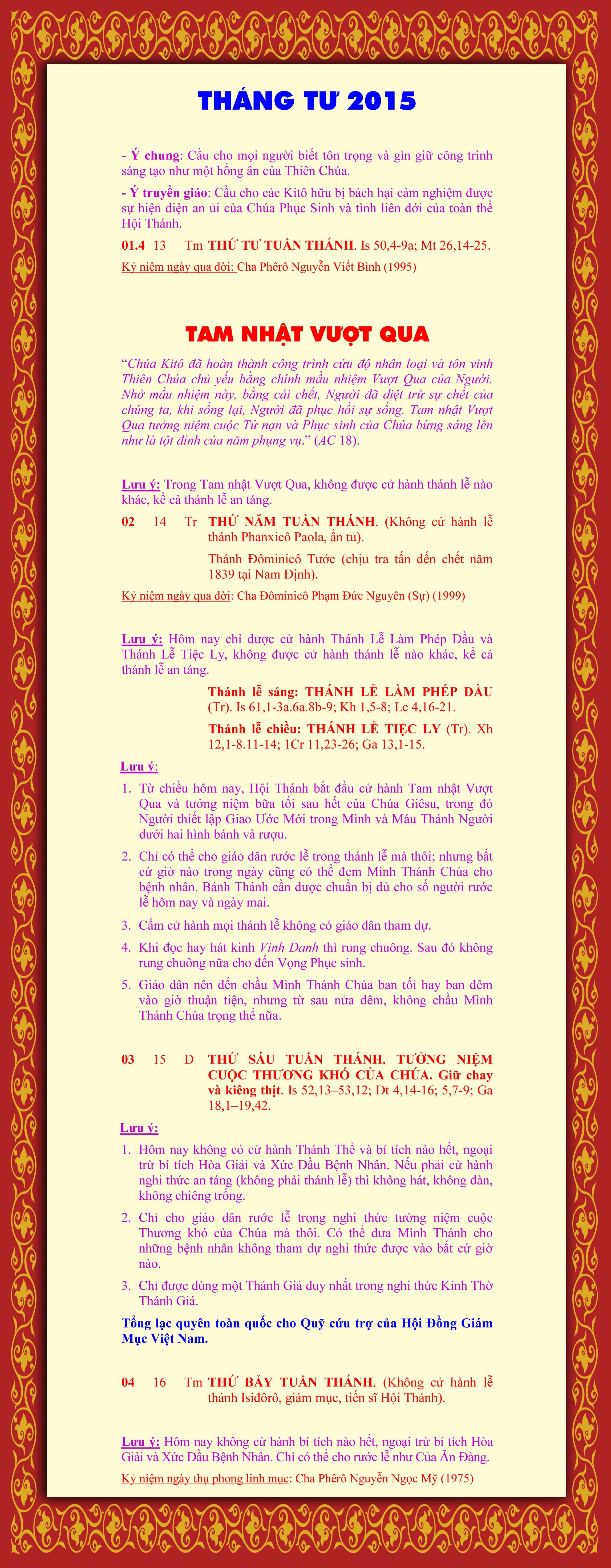 Lịch Phụng vụ Tuần Thánh: 29.3-04.4.2015