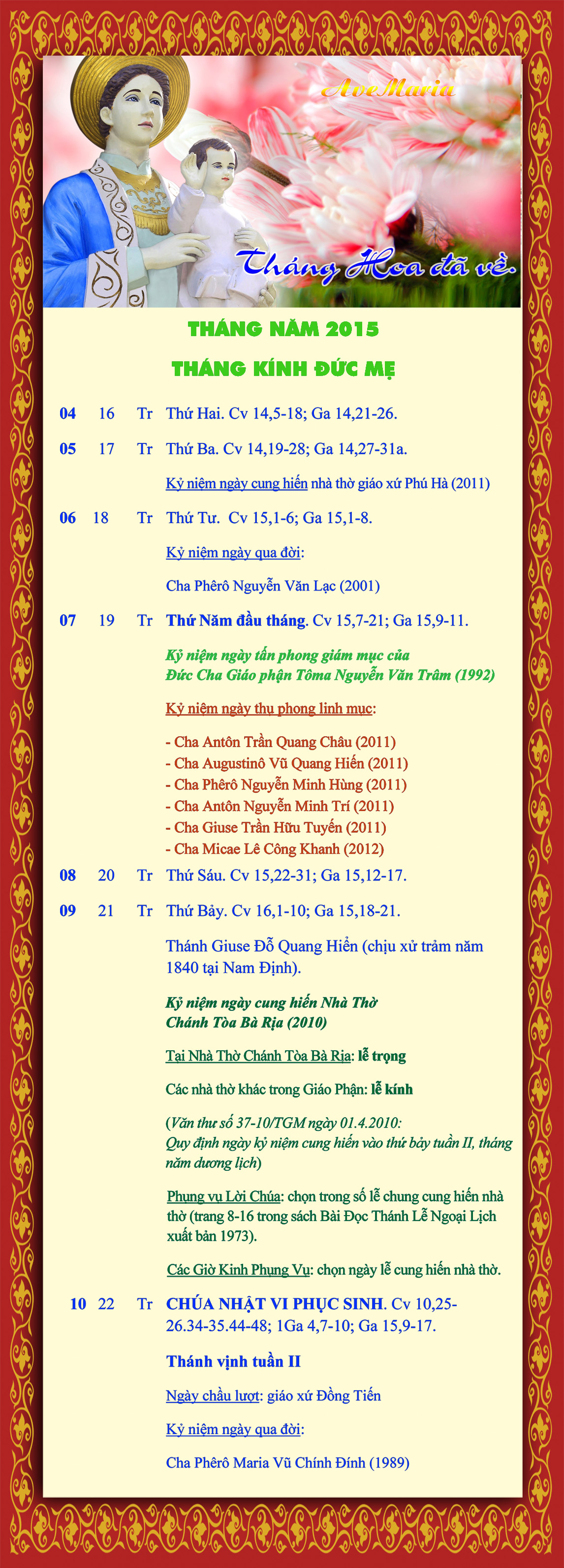 Lịch Phụng vụ từ ngày 04.5 - 10.5.2015