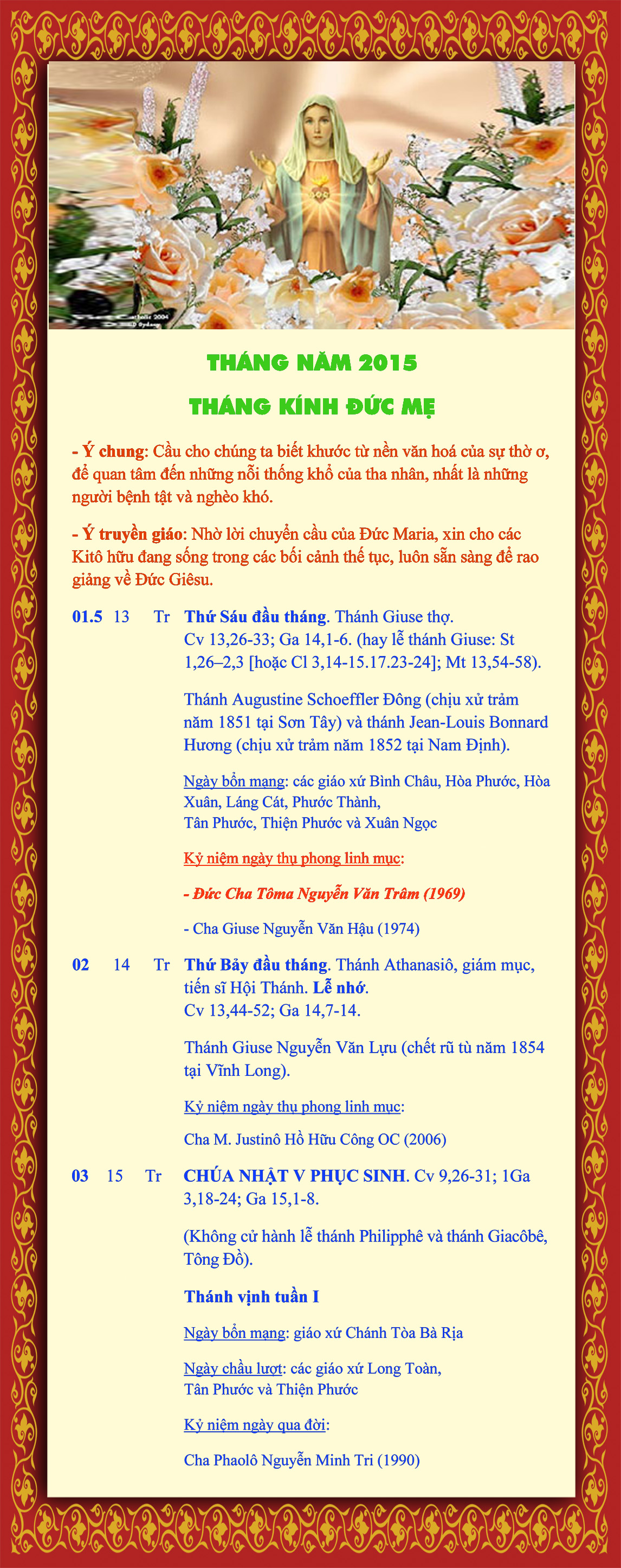 Lịch Phụng vụ từ ngày 01.5 - 04.5.2015