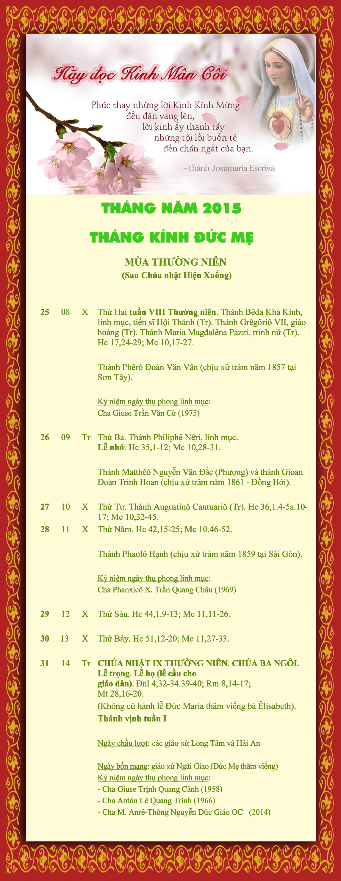LỊCH PHỤNG VỤ từ ngày 25 - 31.5.2015