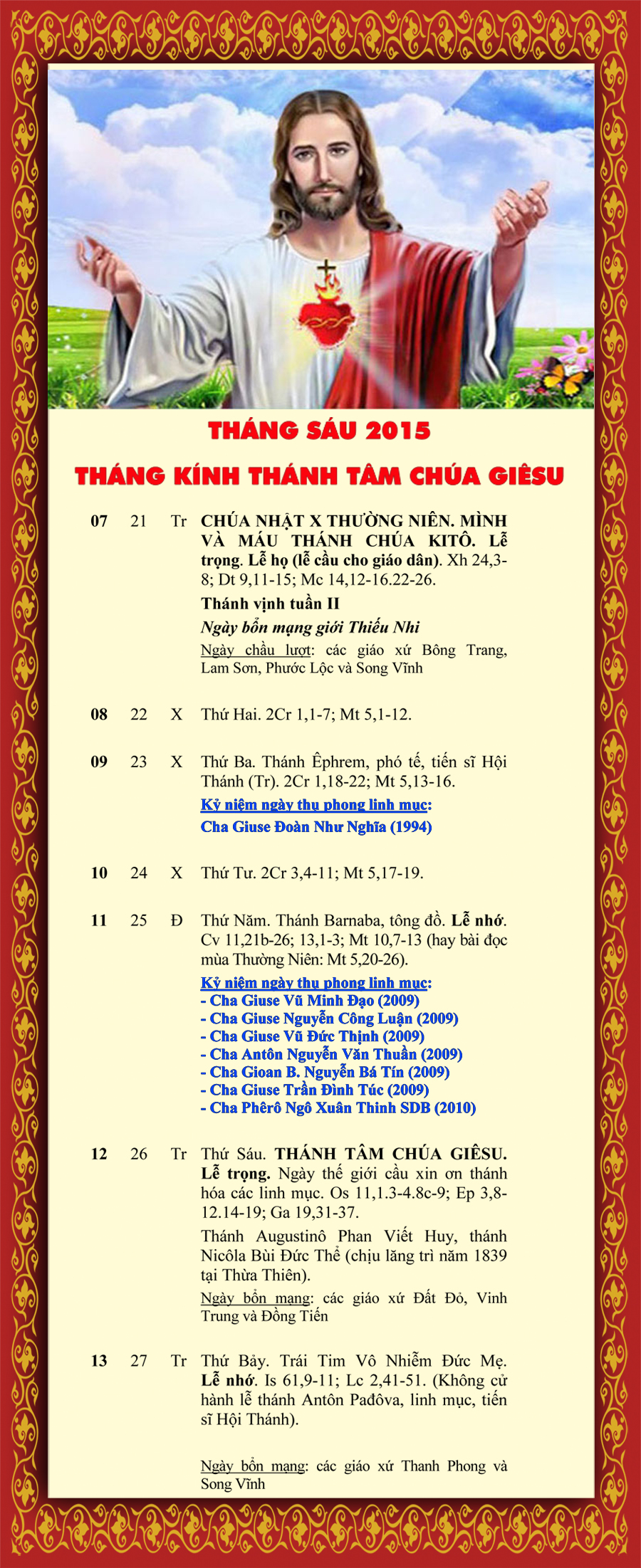 LỊCH PHỤNG VỤ từ ngày 07-13.6.2015