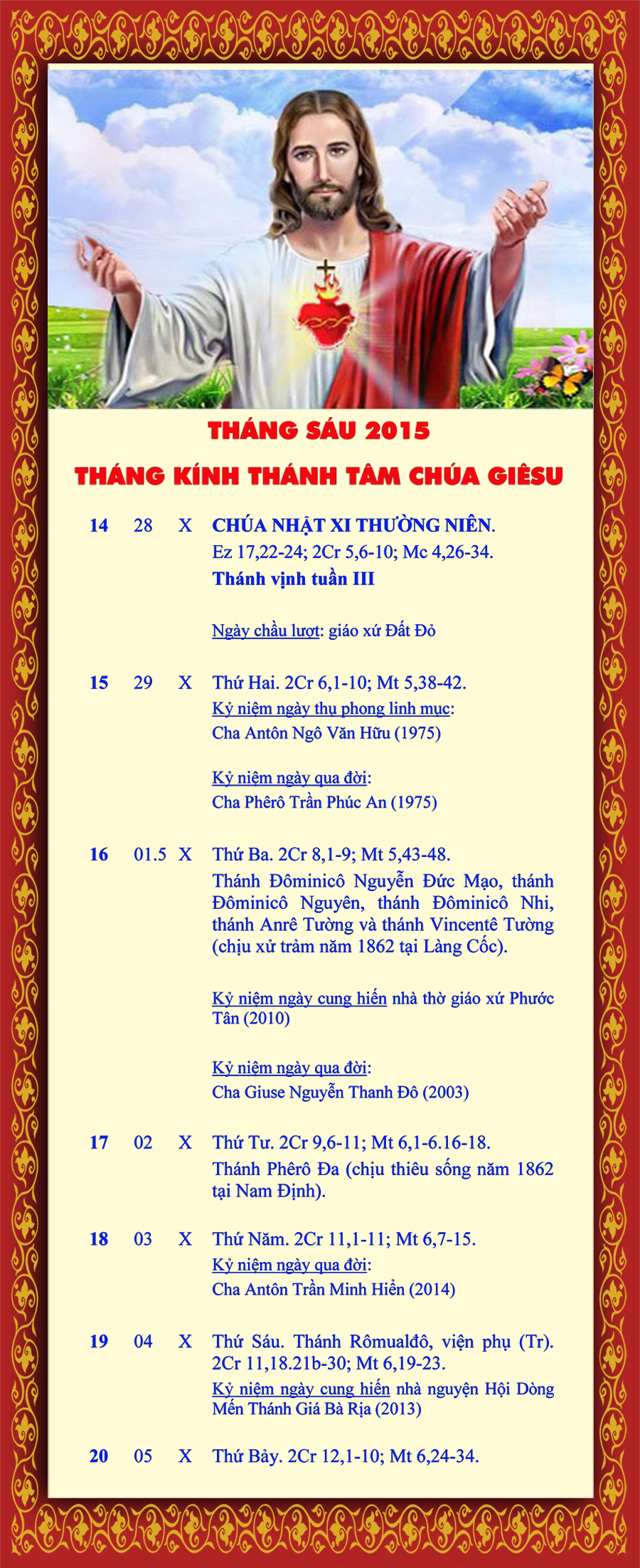 LỊCH PHỤNG VỤ từ ngày 14-21.6.2015