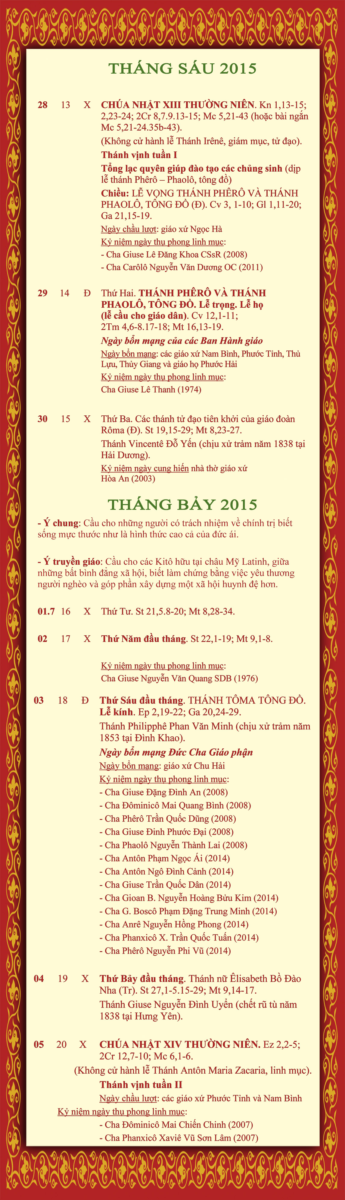 LỊCH PHỤNG VỤ từ ngày 29.6-05.7.2015