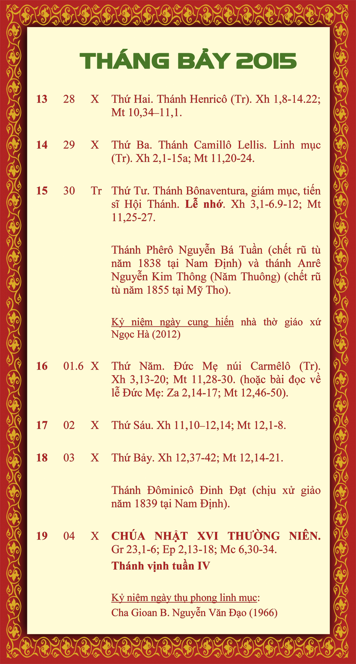 LỊCH PHỤNG VỤ từ ngày 13.7-19.7.2015