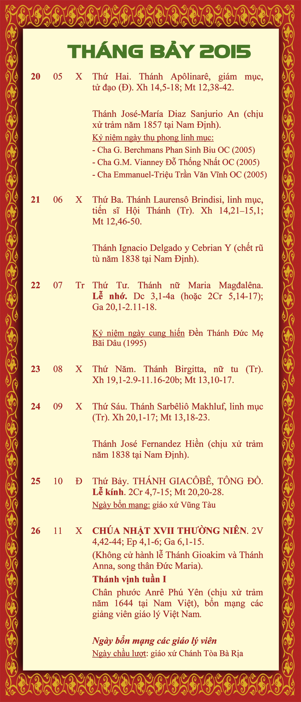 LỊCH PHỤNG VỤ từ ngày 20.7-26.7.2015
