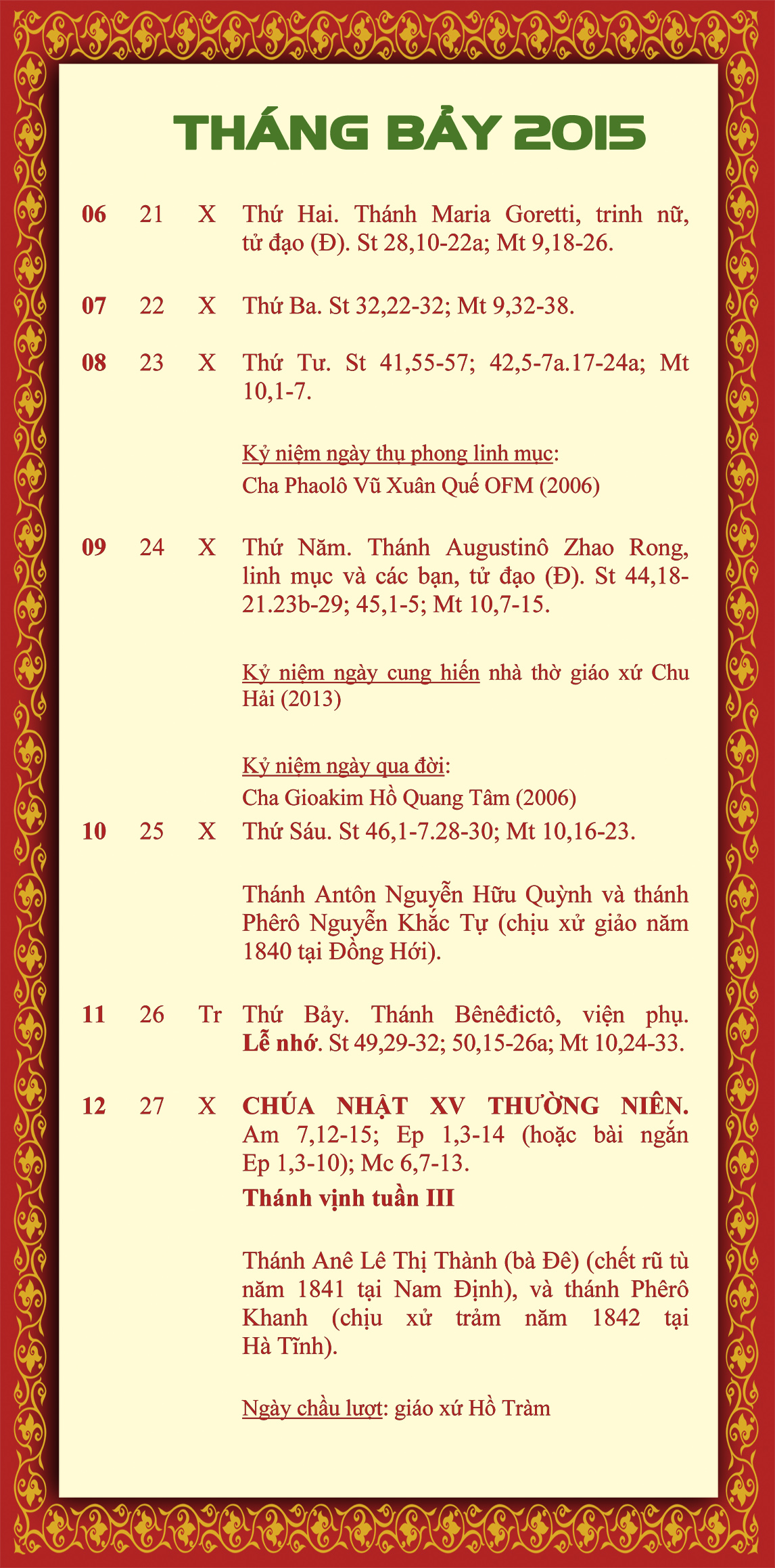 LỊCH PHỤNG VỤ từ ngày 06.7-12.7.2015