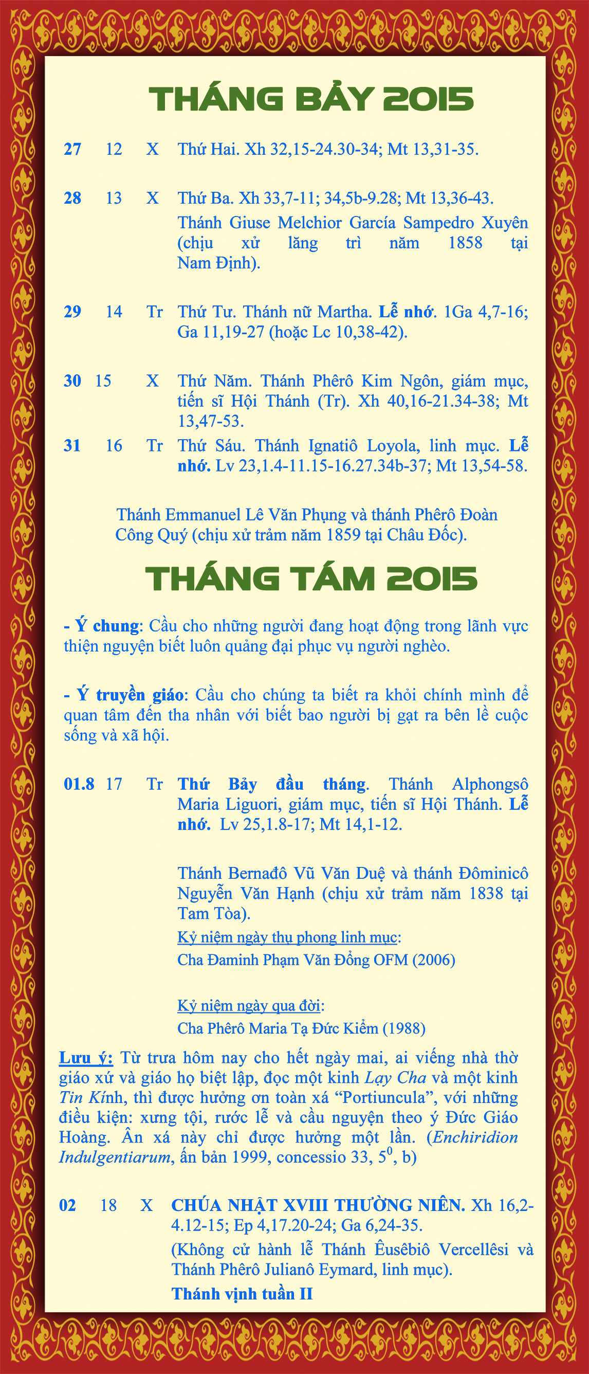LỊCH PHỤNG VỤ từ ngày 27.7 - 02.8.2015
