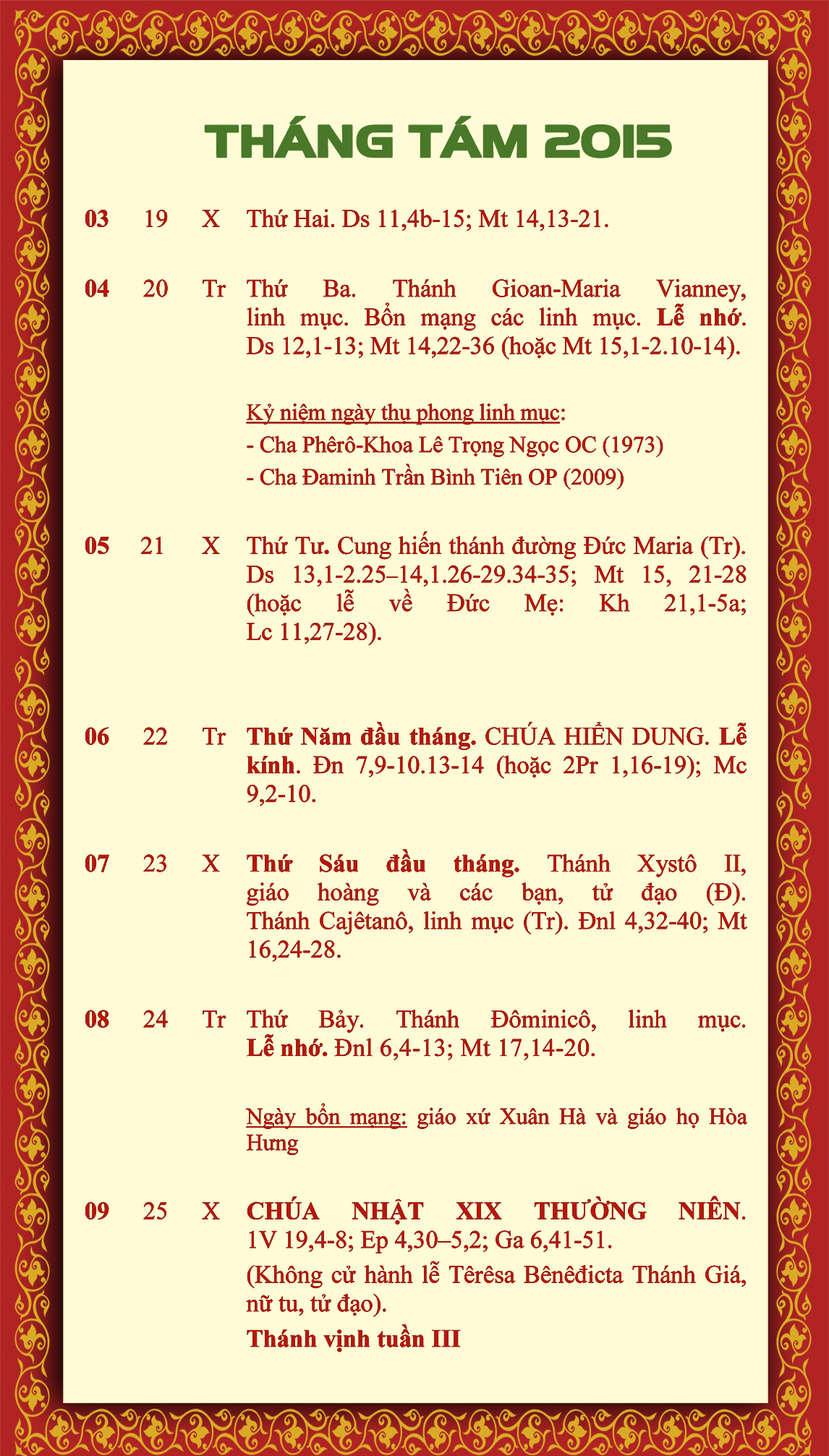 LỊCH PHỤNG VỤ từ ngày 03 - 09.8.2015