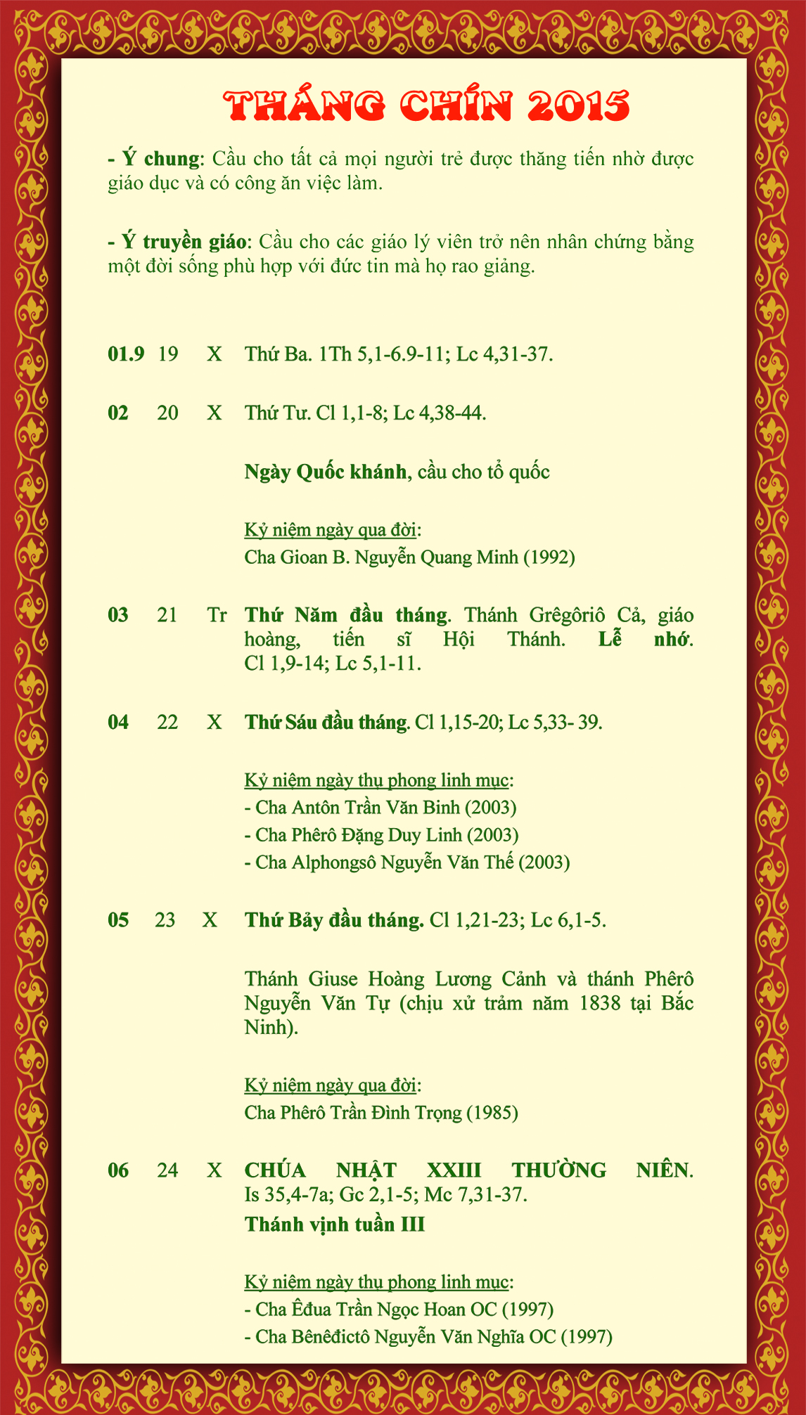 LỊCH PHỤNG VỤ  từ ngày 01.9 - 06.9.2015