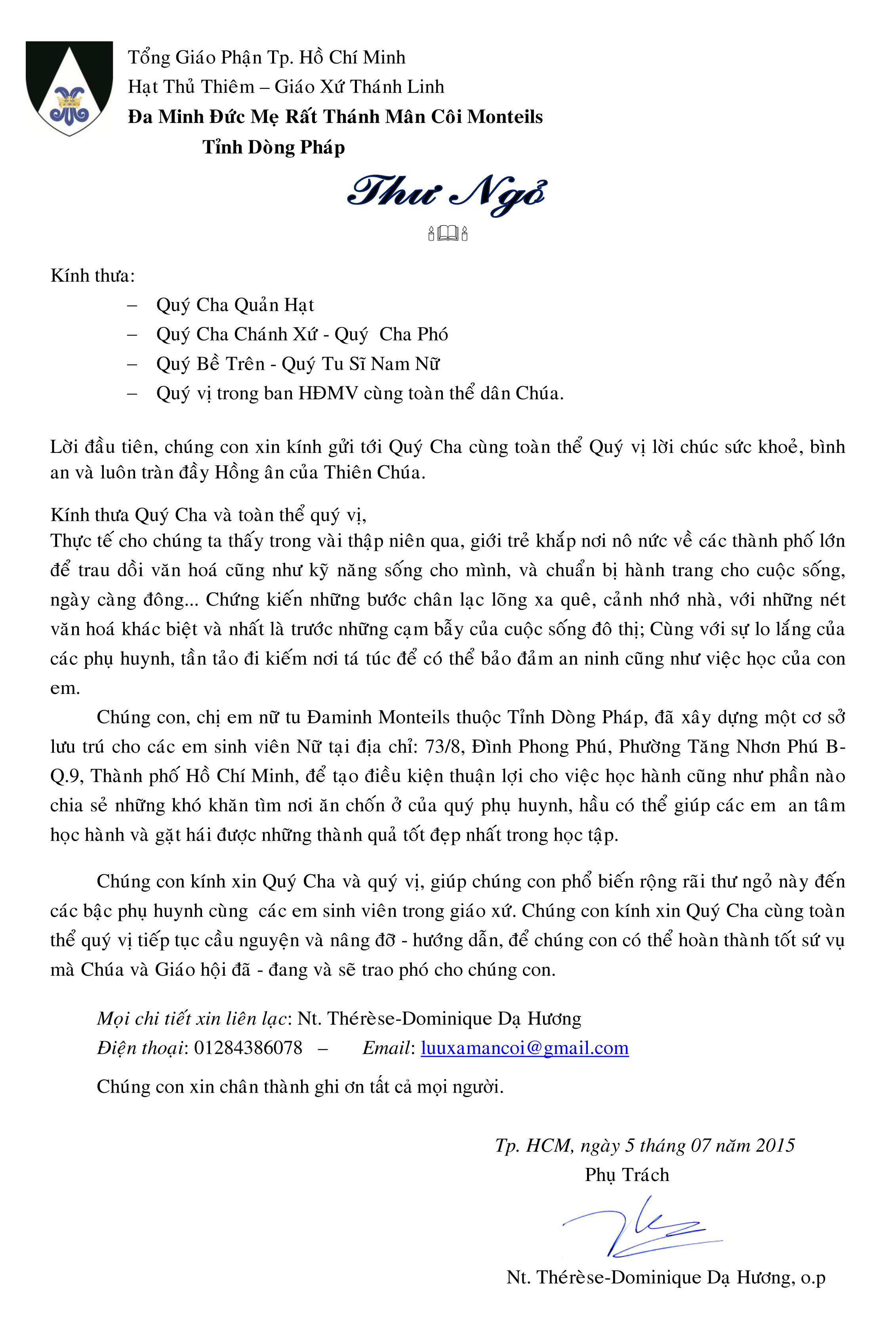 THƯ NGỎ VỀ LƯU XÁ CHO SINH VIÊN NỮ