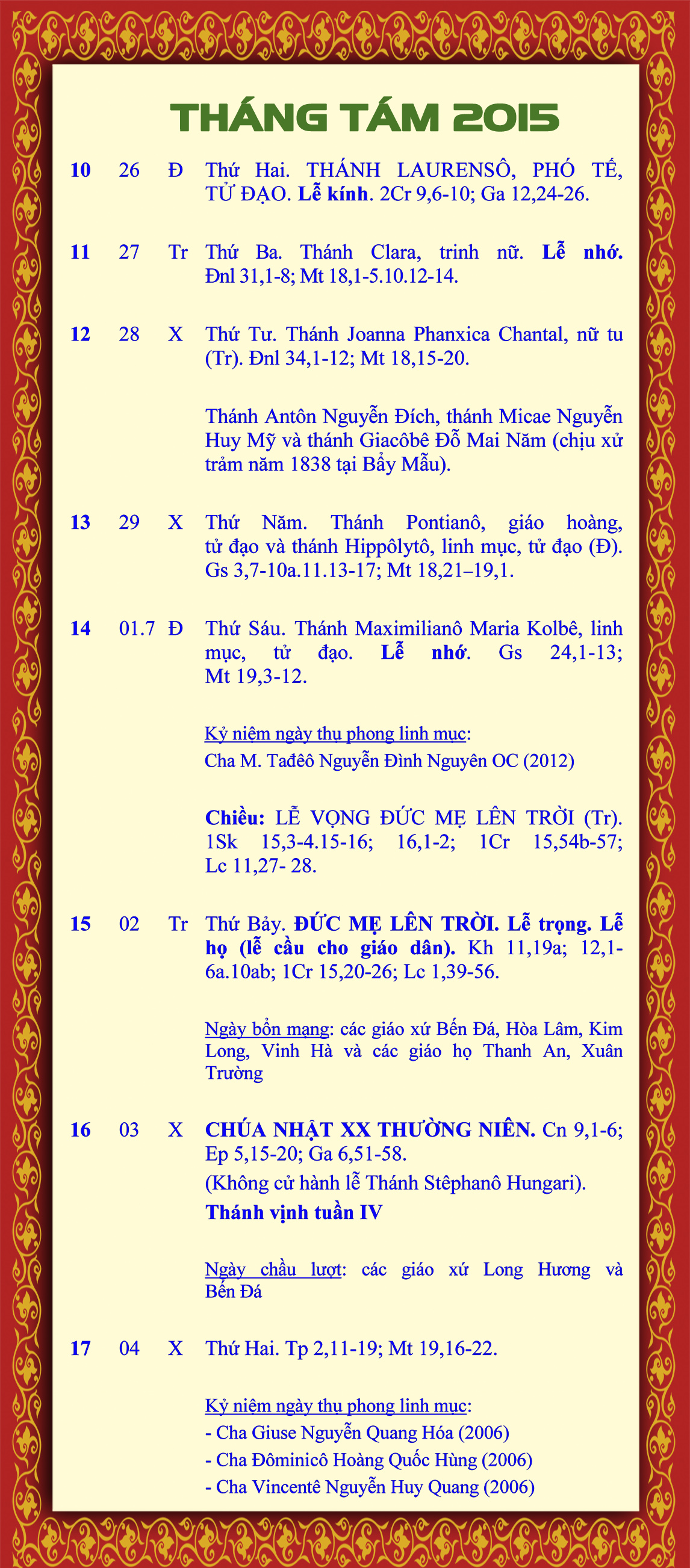 LỊCH PHỤNG VỤ từ ngày 10-17.8.2015