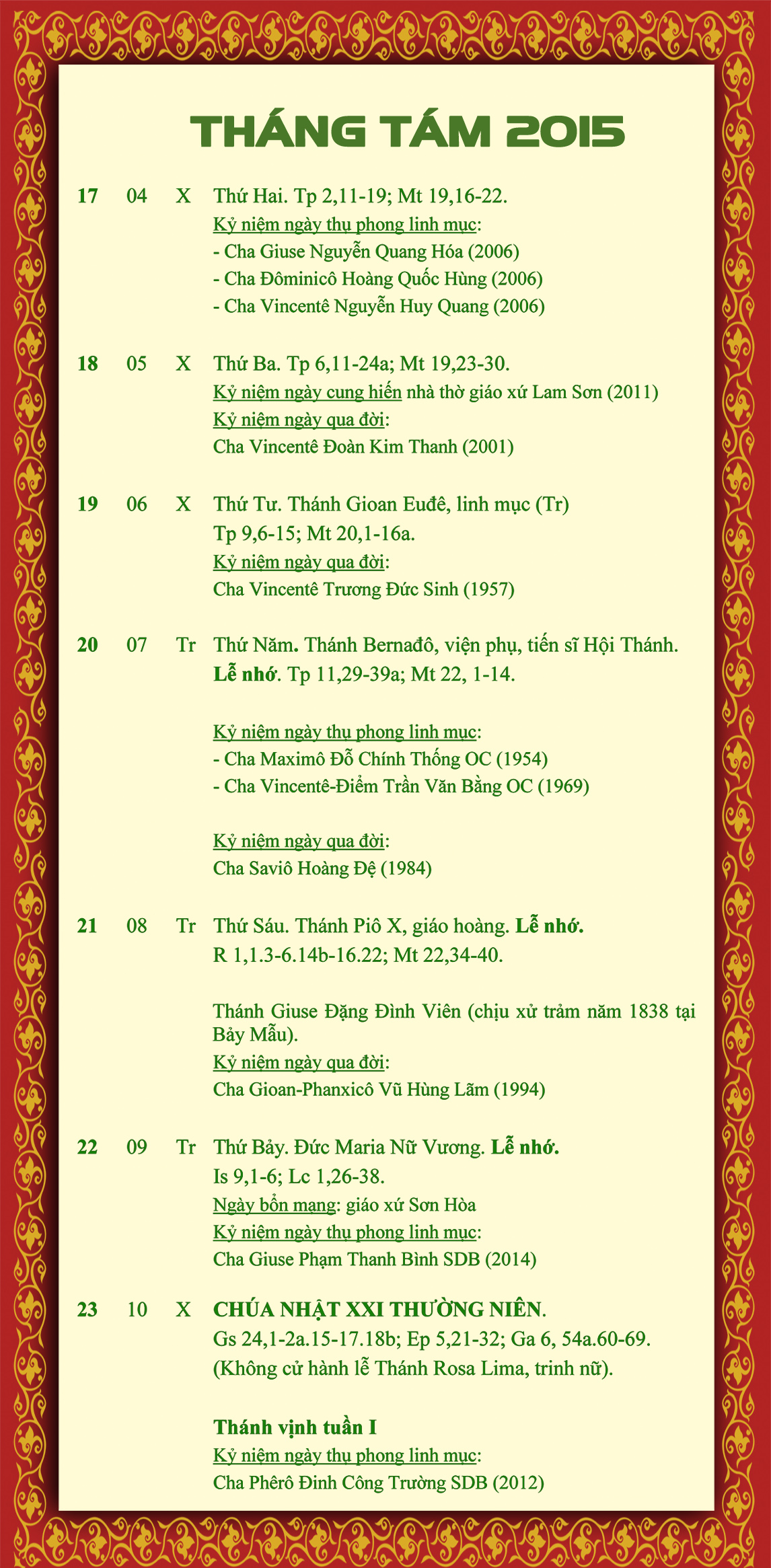 LỊCH PHỤNG VỤ từ ngày 17-23.8.2015