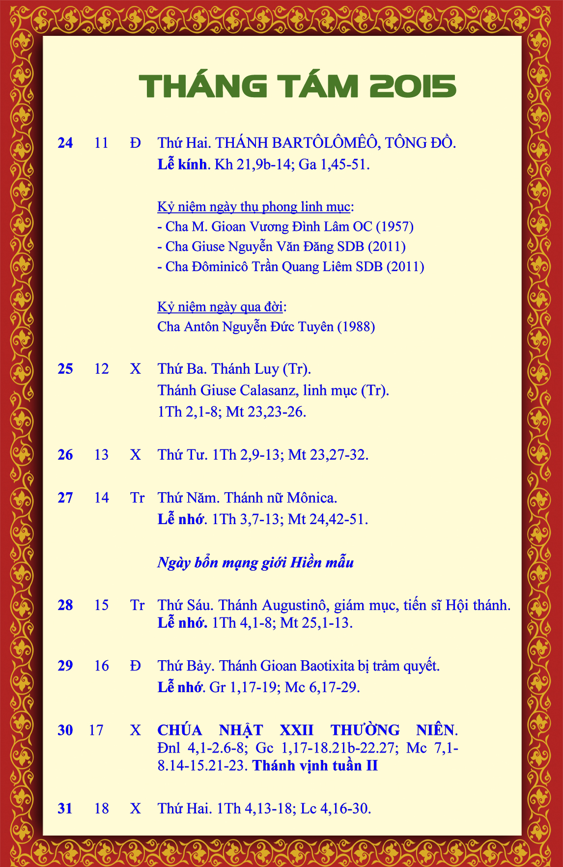 LỊCH PHỤNG VỤ từ ngày 24.8-31.8.2015