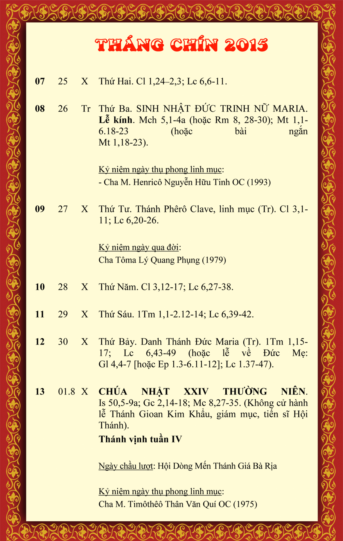 LỊCH PHỤNG VỤ từ ngày 07.9-14.9.2015