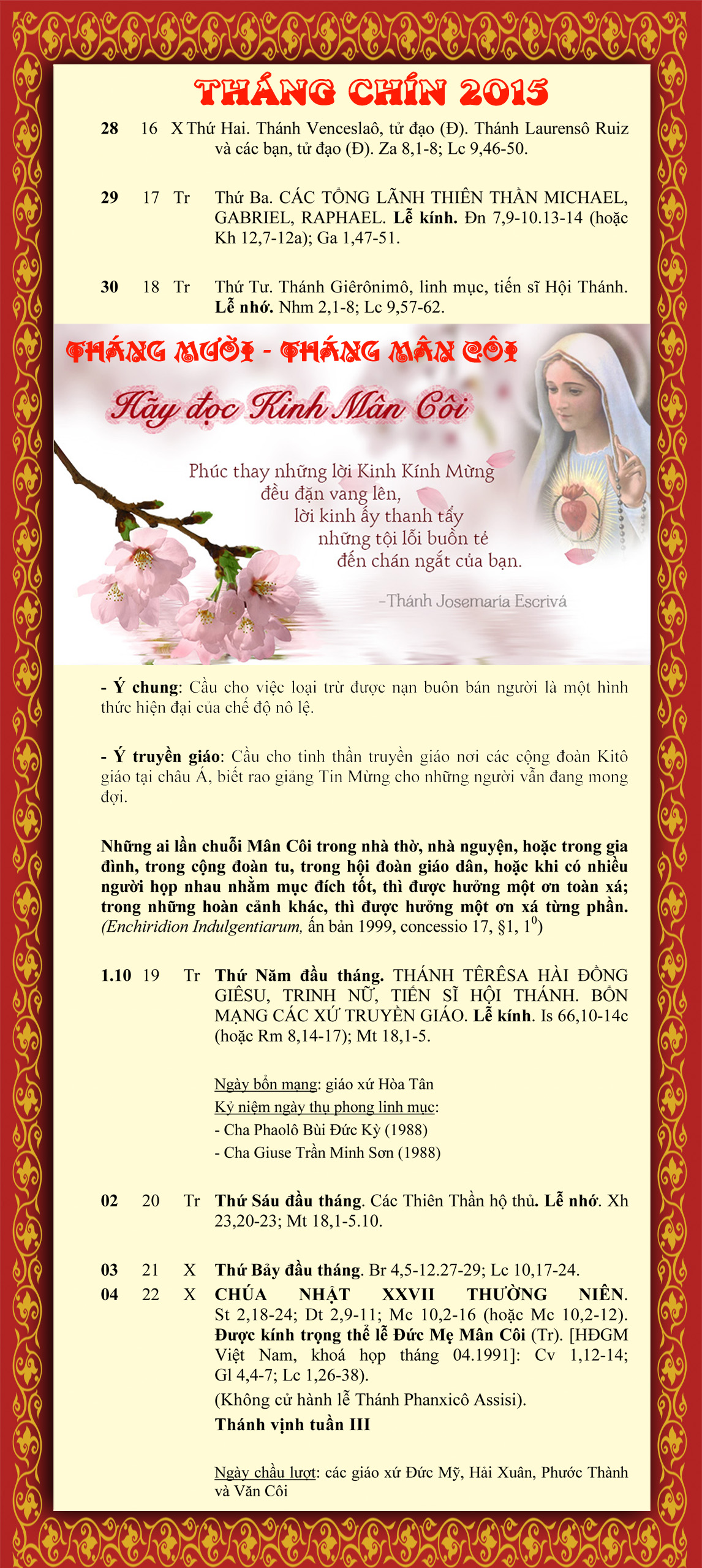 LỊCH PHỤNG VỤ  từ ngày 28.9 - 04.10.2015