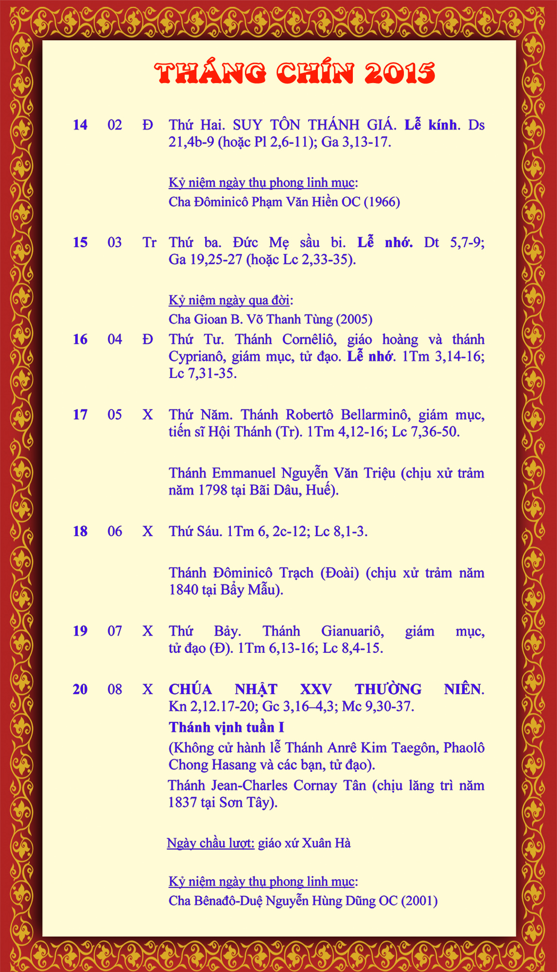 LỊCH PHỤNG VỤ từ ngày 14.9-20.9.2015
