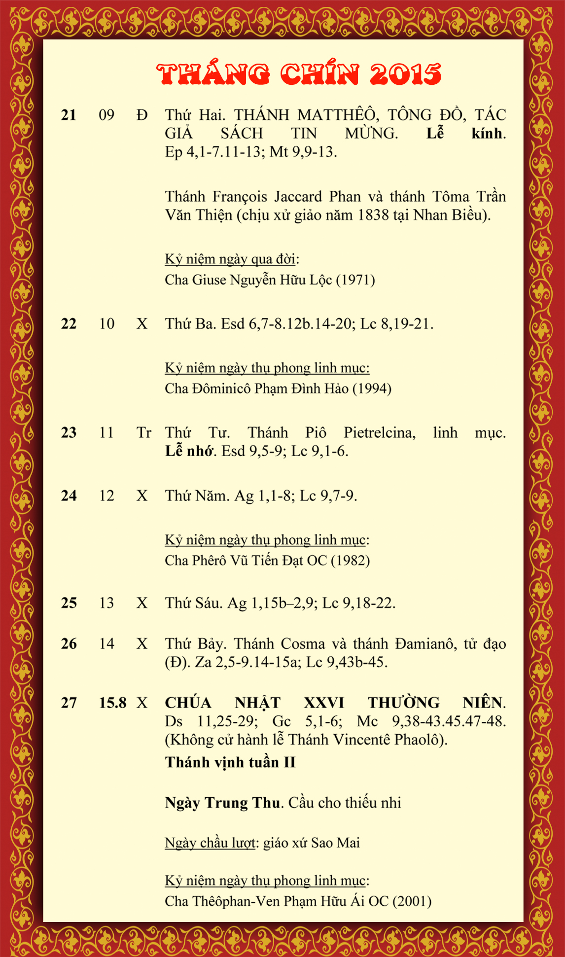 LỊCH PHỤNG VỤ từ ngày 21.9 - 27.9.2015