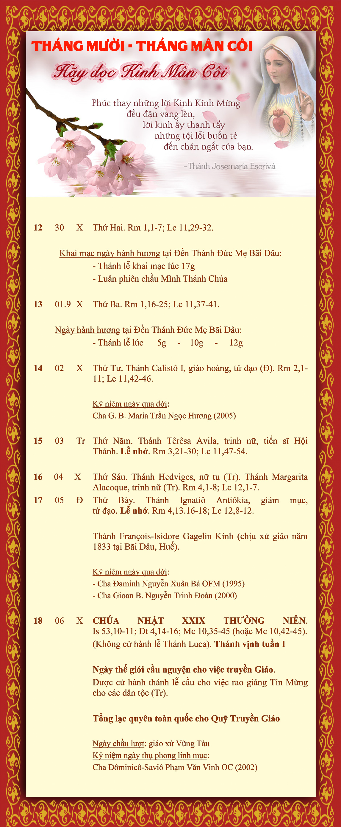 LỊCH PHỤNG VỤ từ ngày 12-18.10.2015