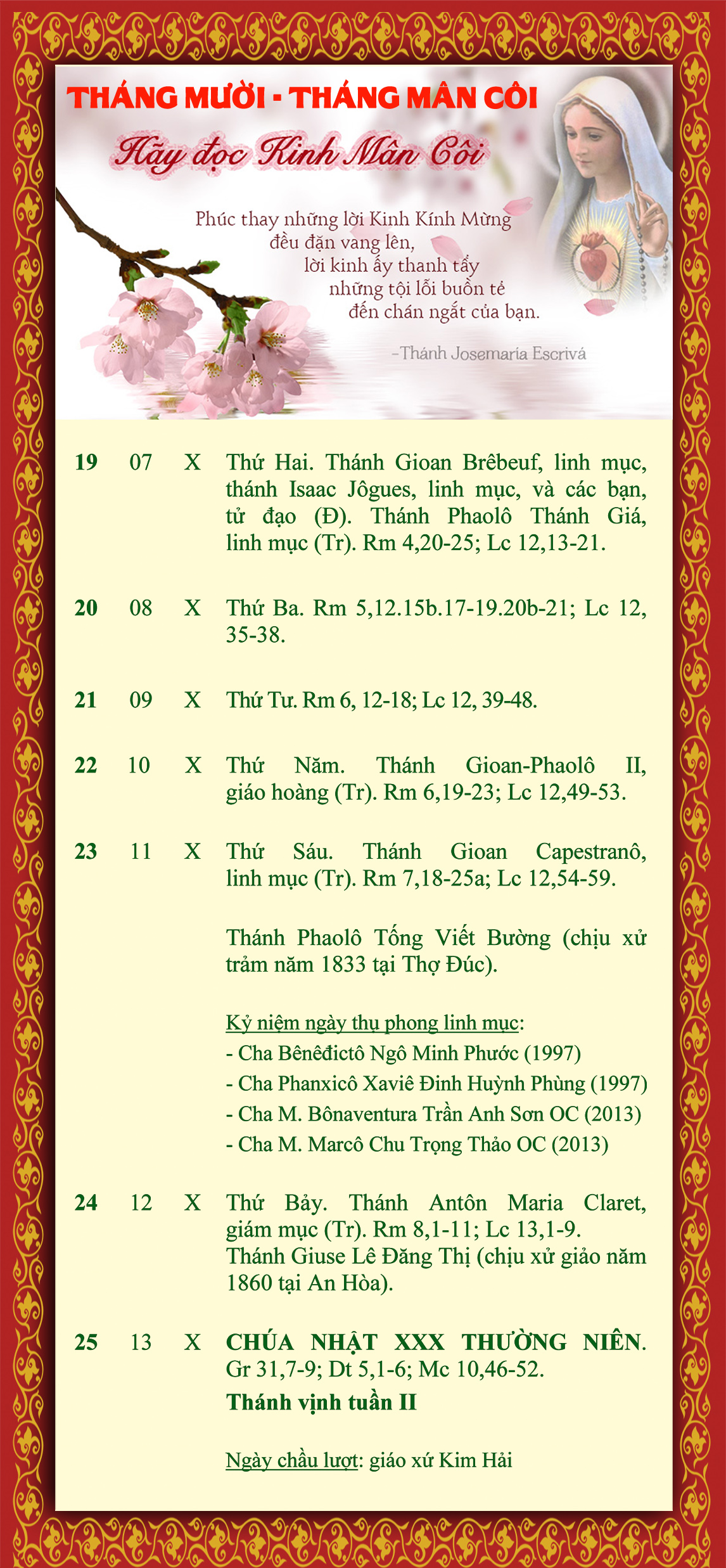 LỊCH PHỤNG VỤ  từ ngày 19-25.10.2015