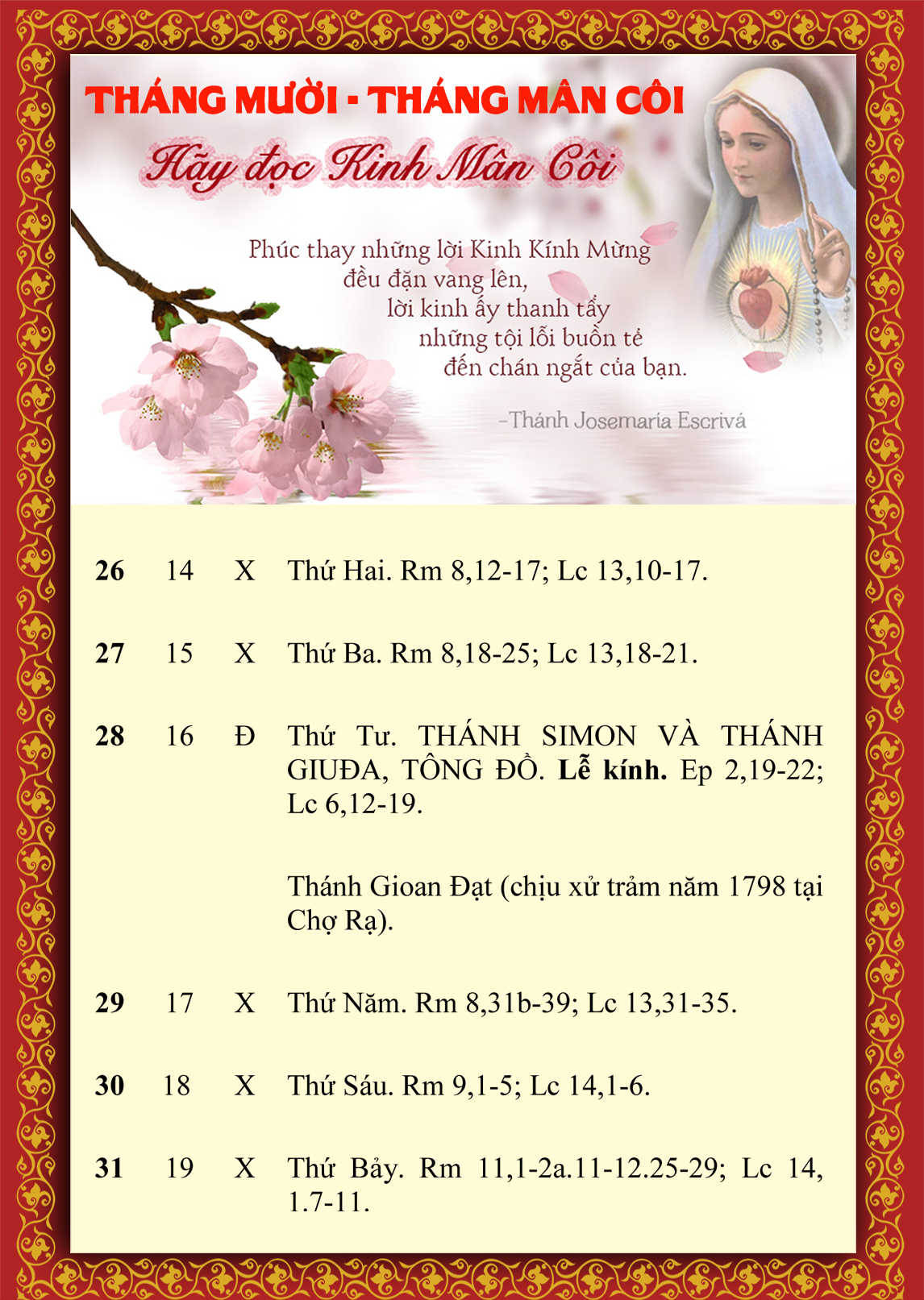 LỊCH PHỤNG VỤ từ ngày 26.10 - 31.10.2015