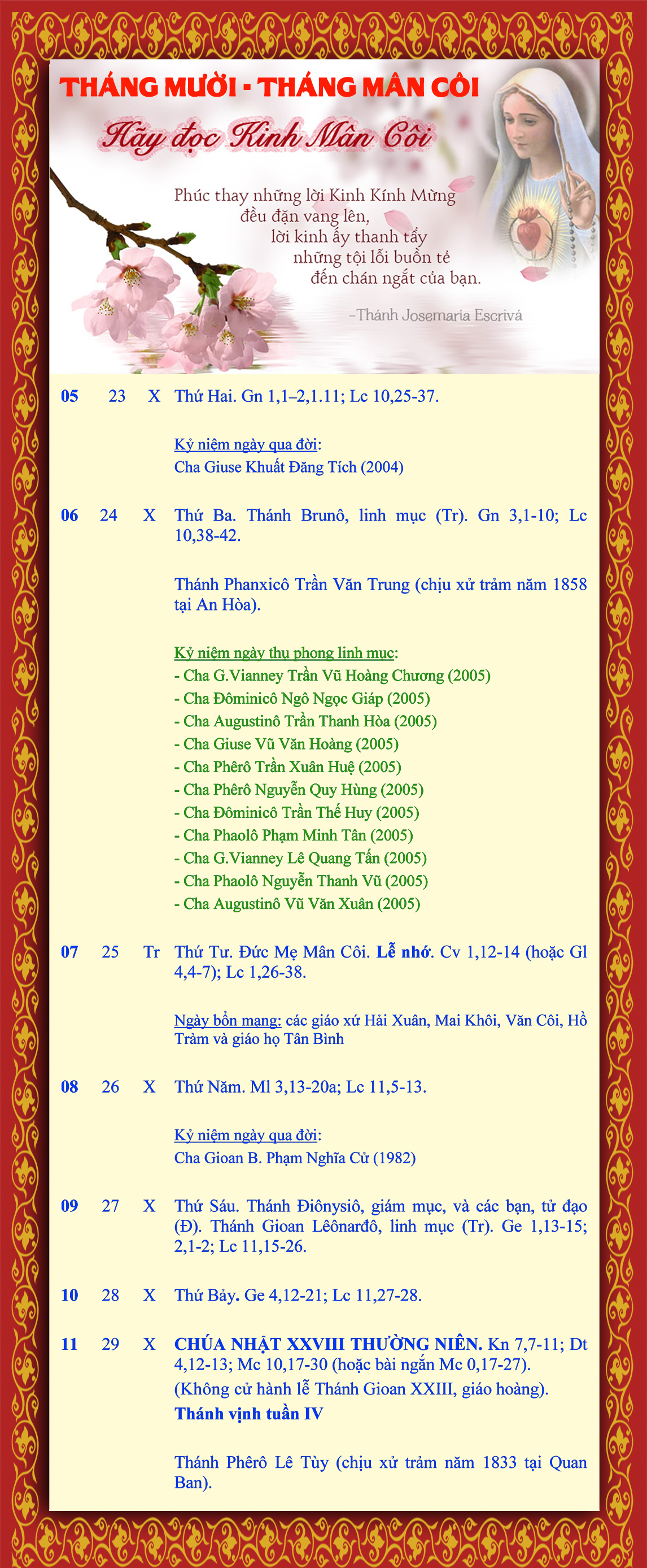 LỊCH PHỤNG VỤ từ ngày 5.10 - 11.10.2015
