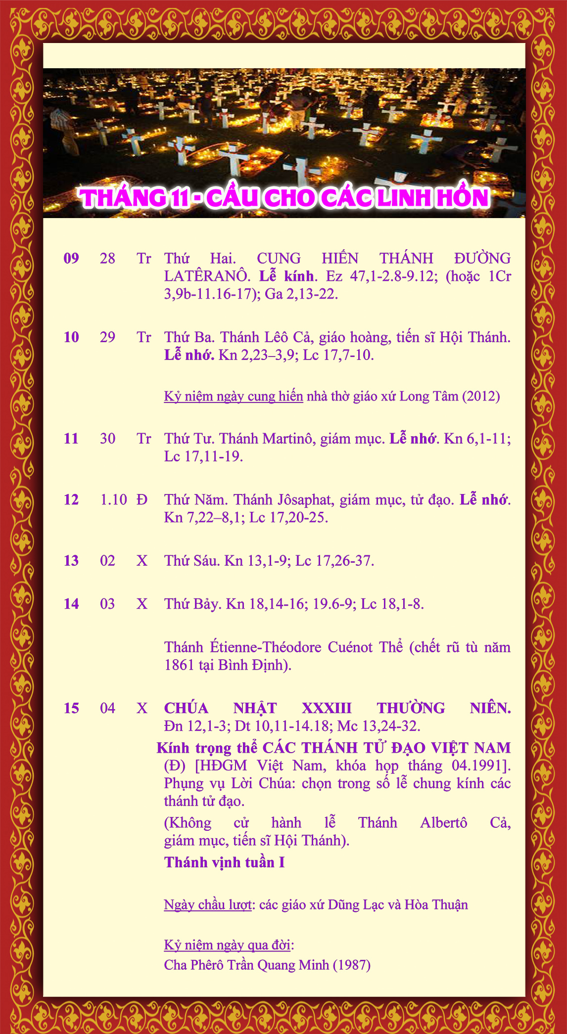 LỊCH PHỤNG VỤ từ ngày 09 - 15.11.2015