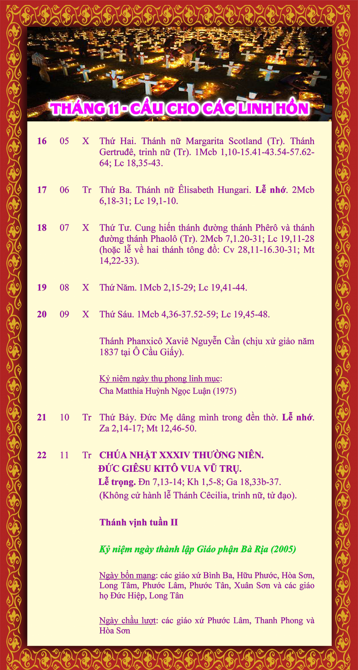 LỊCH PHỤNG VỤ từ ngày 16-22.11.2015