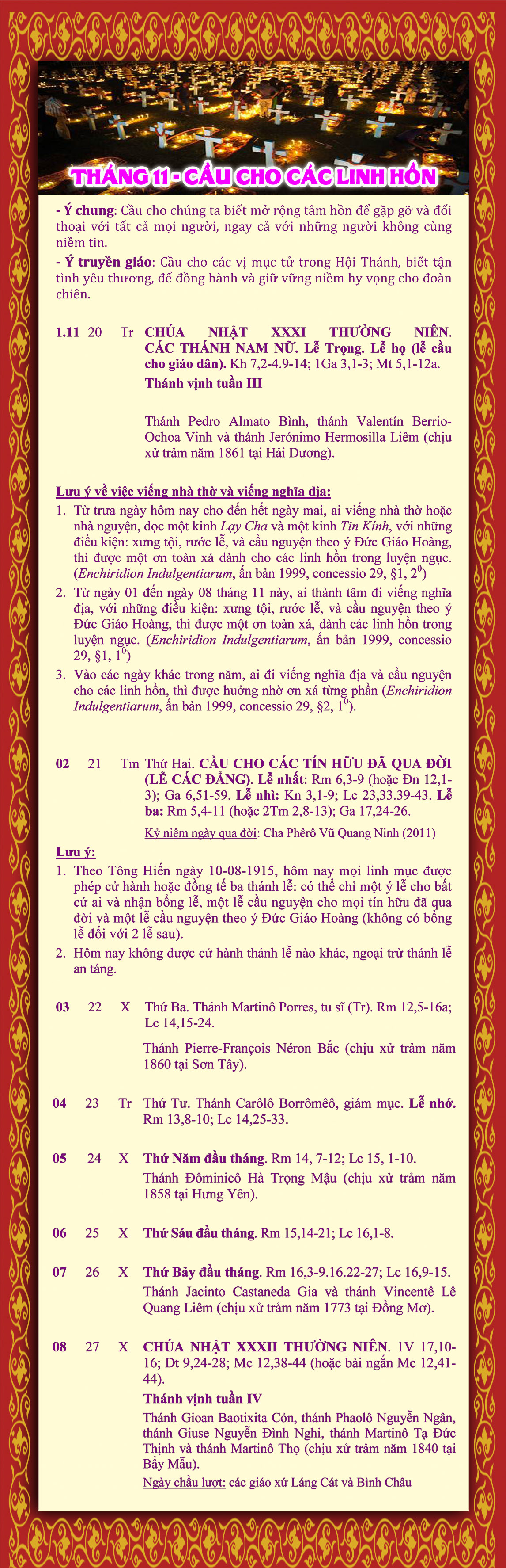 LỊCH PHỤNG VỤ từ ngày 01 - 08.11.2015