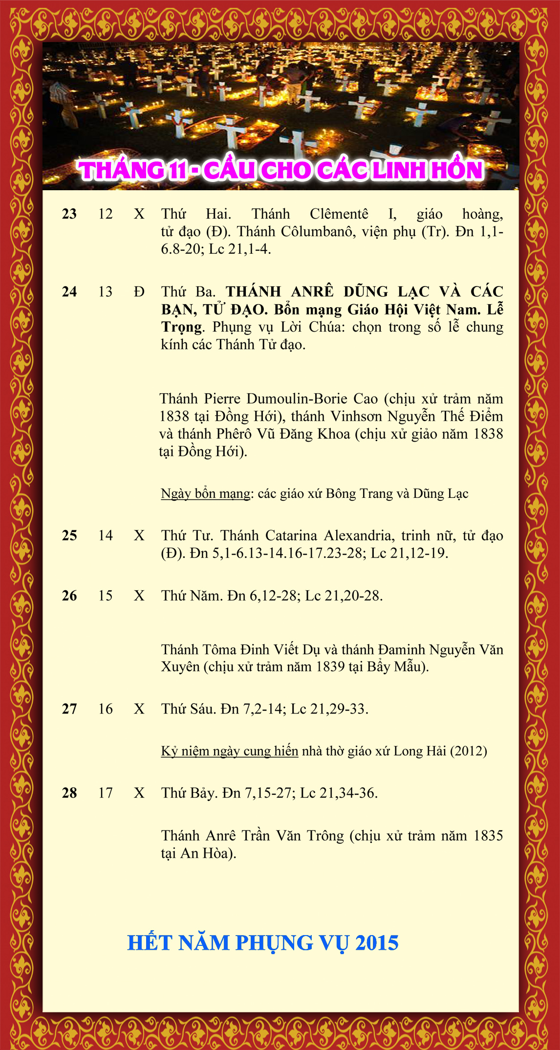 LỊCH PHỤNG VỤ từ ngày 23-28.11.2015