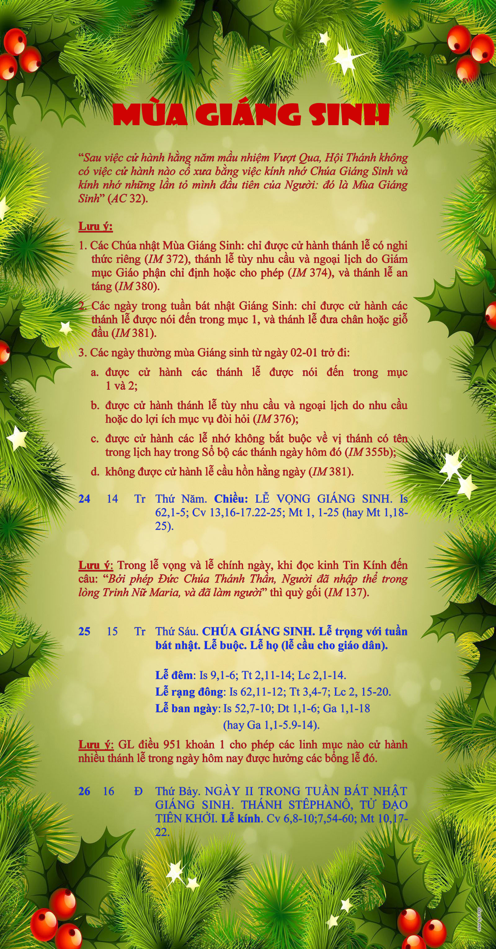 LỊCH PHỤNG VỤ từ ngày 24.12.215 - 26.12.2015