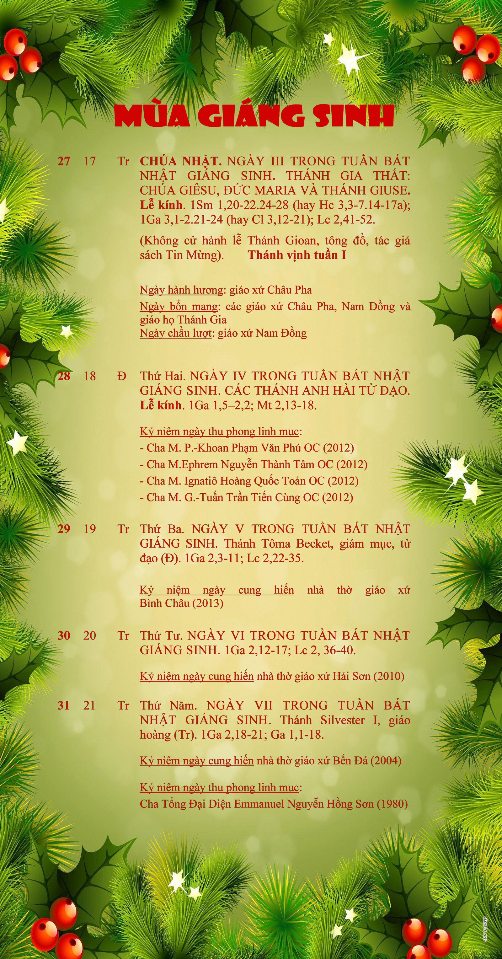 LỊCH PHỤNG VỤ từ ngày 27.12.215 - 31.12.2015