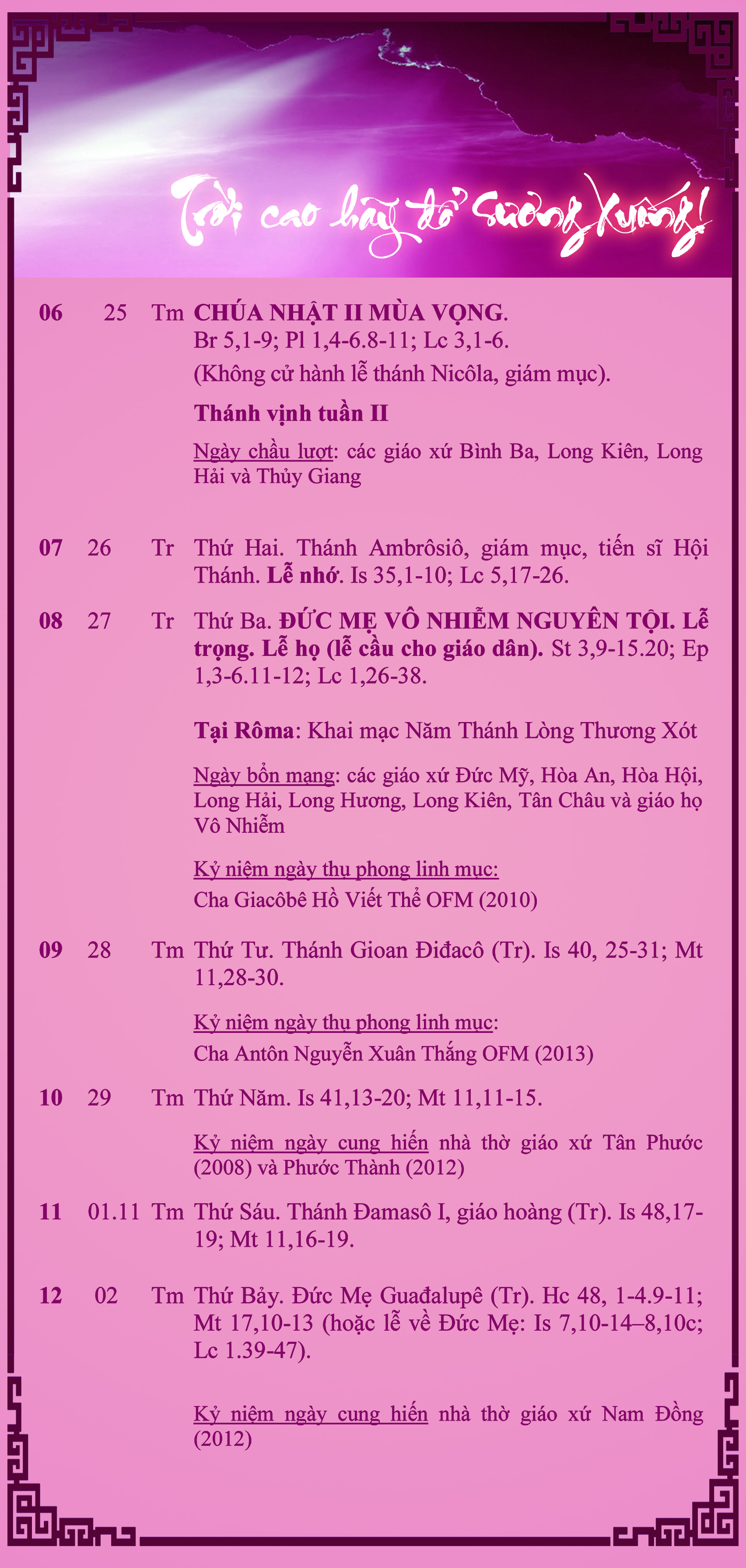 LỊCH PHỤNG VỤ  từ ngày 06.12.2015 – 12.12.2015