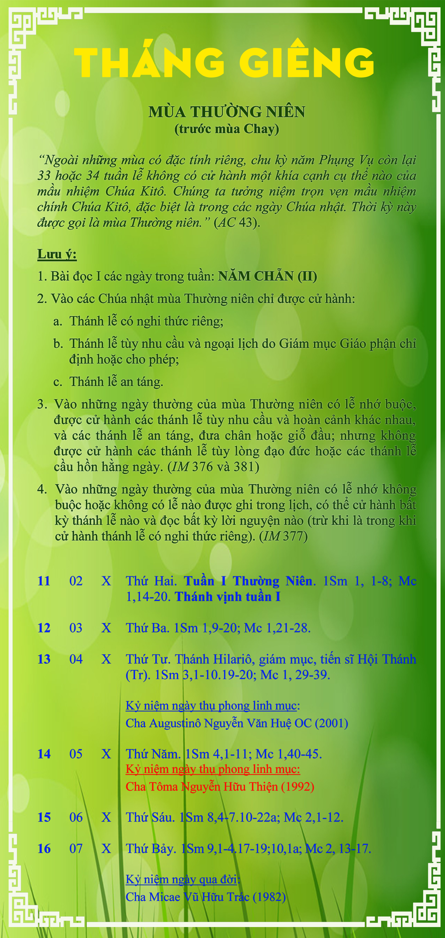 LỊCH PHỤNG VỤ từ ngày 11.01 - 16.01.2016