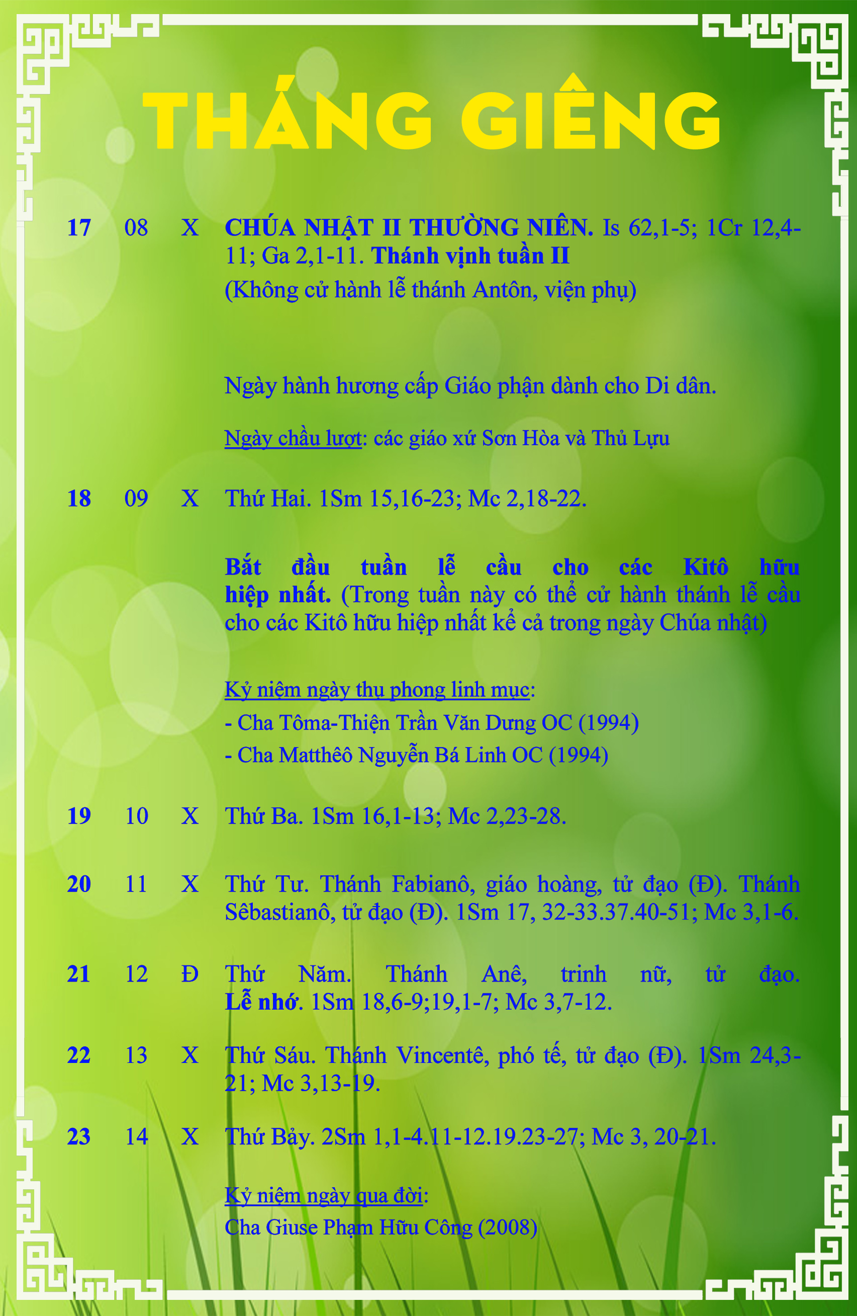 LỊCH PHỤNG VỤ từ ngày 17.01 đến ngày 23.01.2016