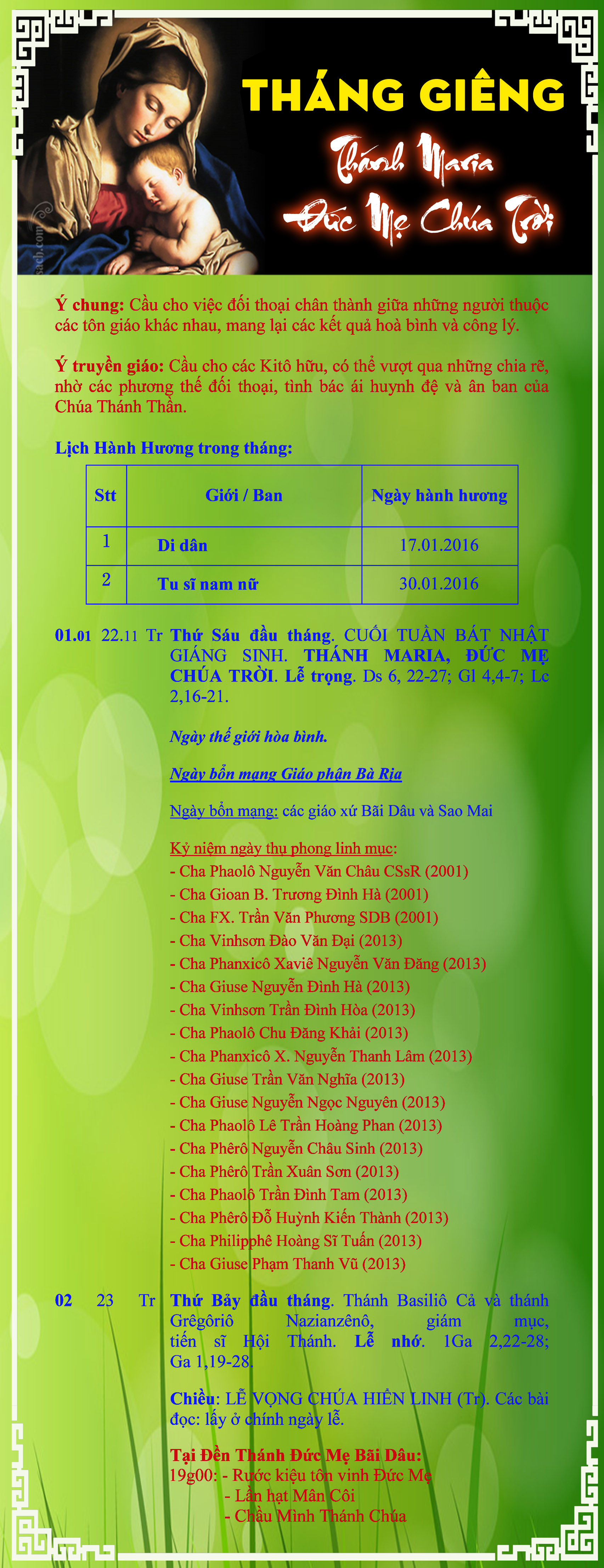 LỊCH PHỤNG VỤ từ ngày 01-02.01.2016