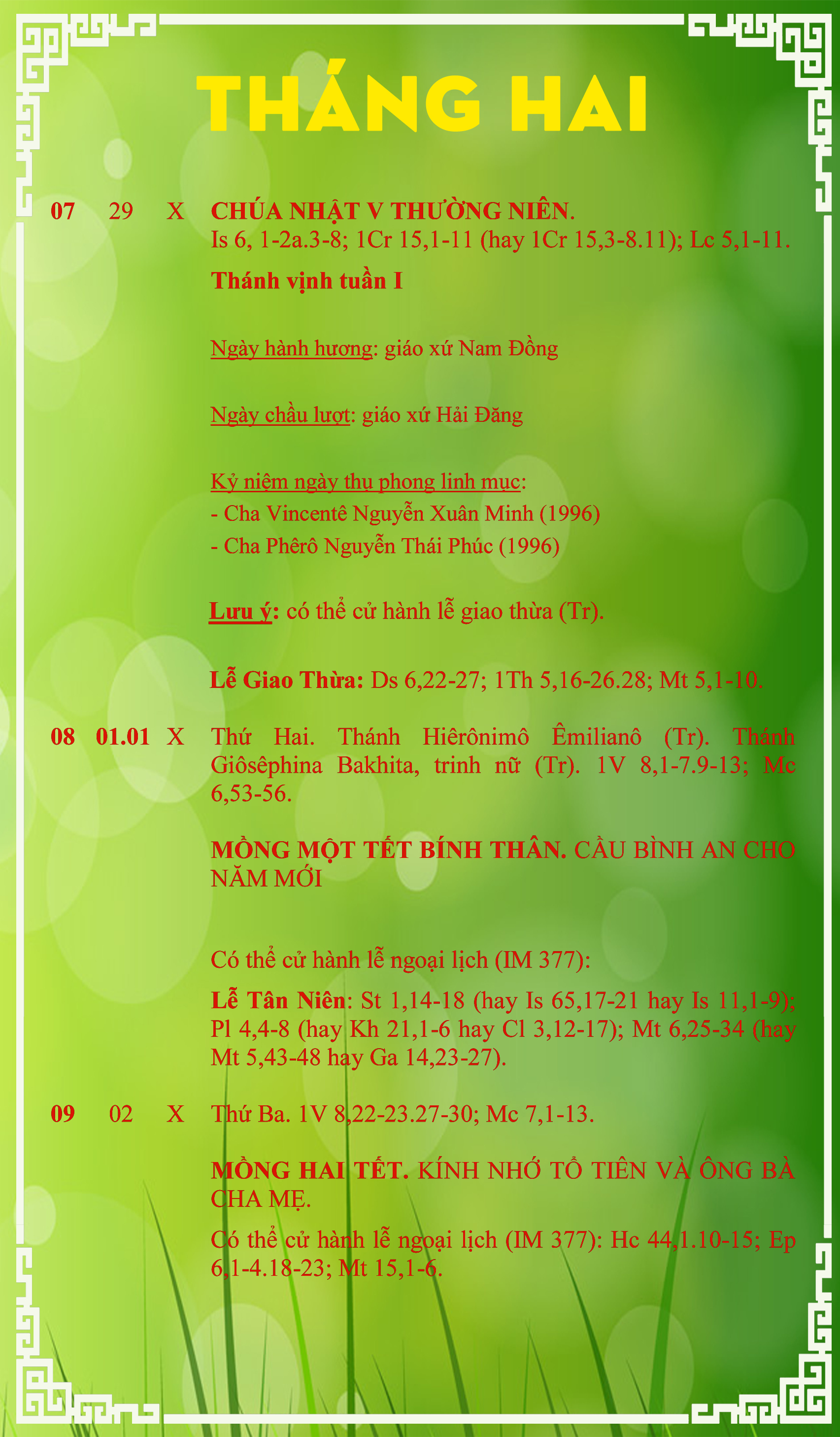 LỊCH PHỤNG VỤ từ ngày 07.02 đến ngày 09.02.2016