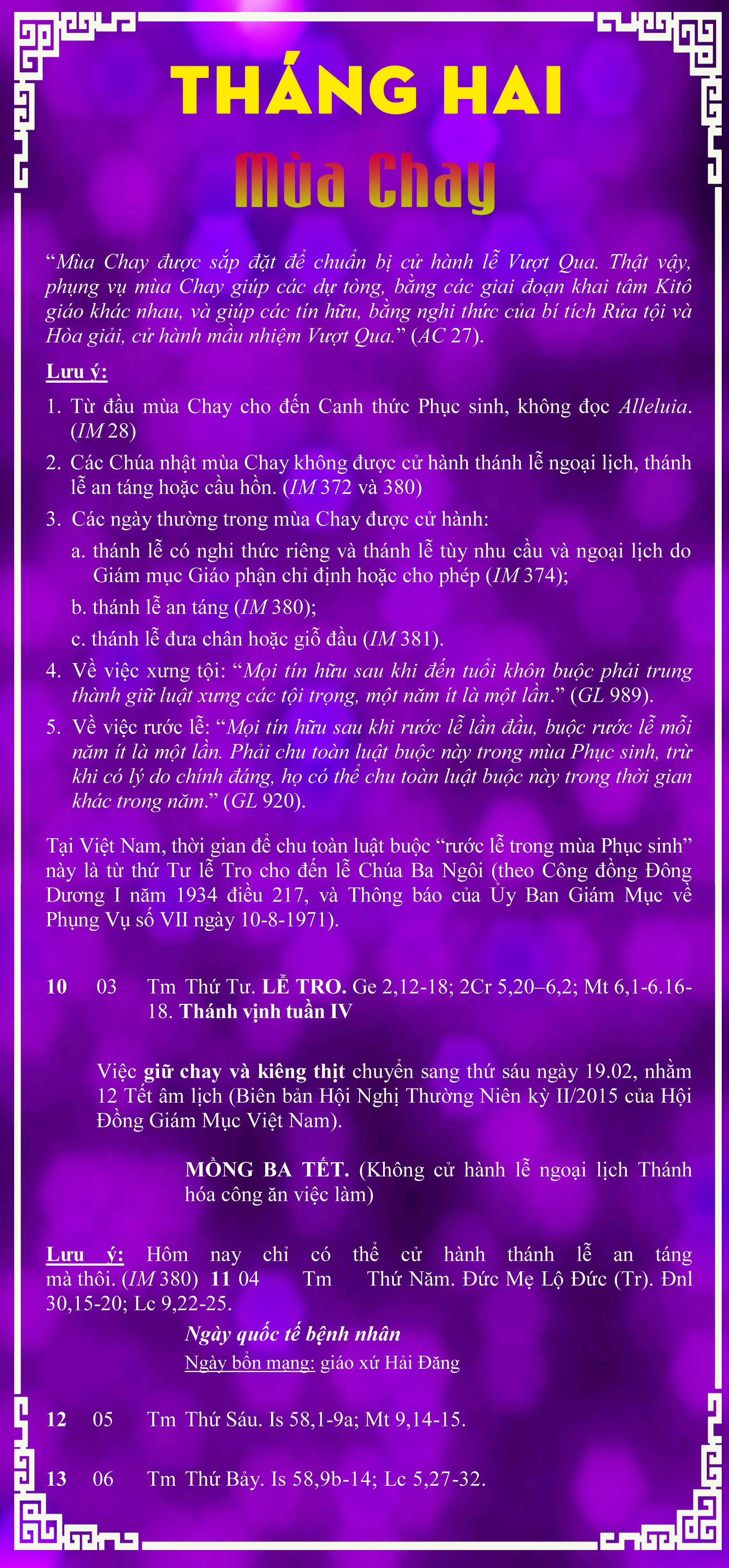 LỊCH PHỤNG VỤ từ ngày 10.02 - 13.02.2016